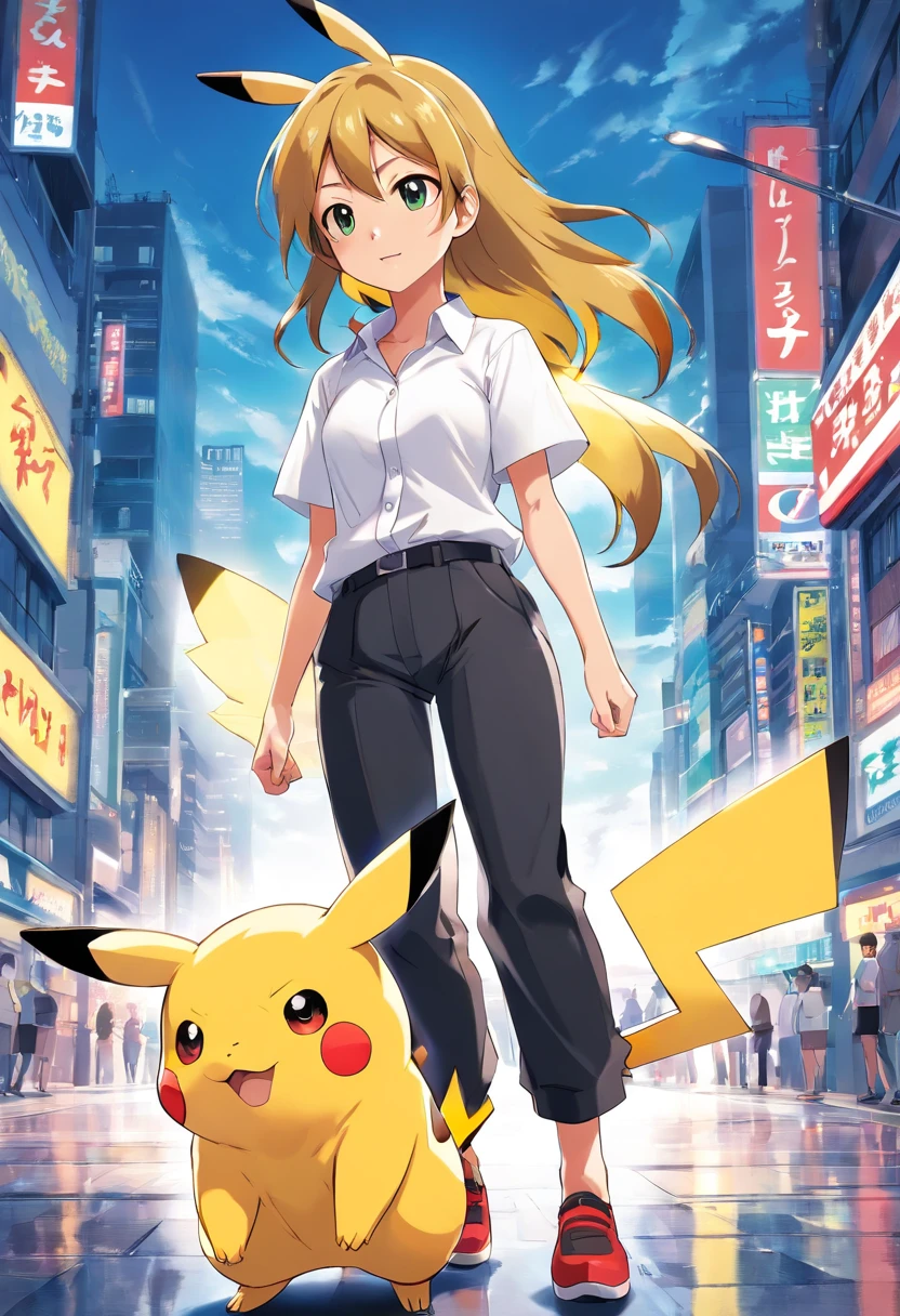 Pokémon: Pikachu wears a white shirt and black pants