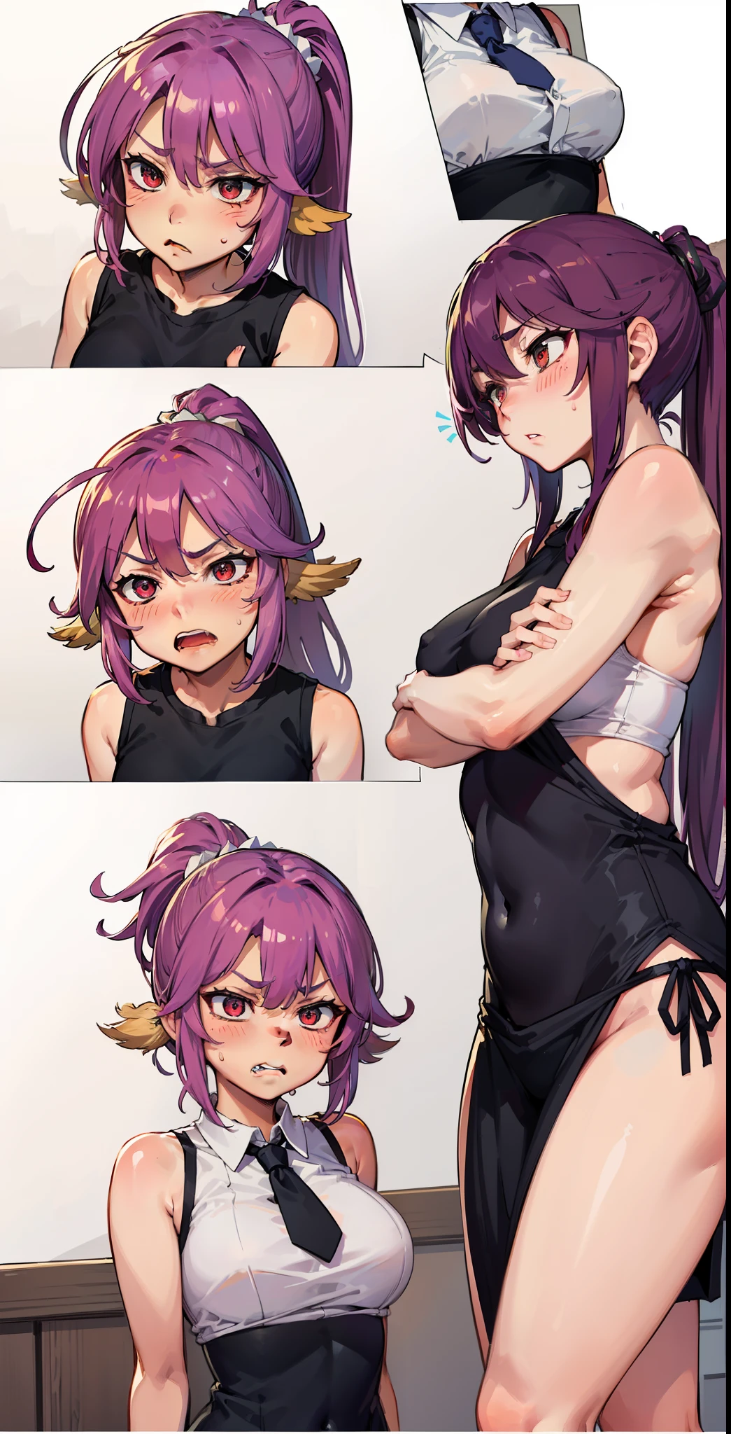 Jibril, (standing), blushed, perfect anatomy, detailed eyes, detailed lips, extremely detailed eyes and face, vivid colors, sharp focus, masterpiece:1.2, ultra-detailed, blushed, ((doggystyle)), (solo), ((tie)), sleeveless, ((((ponytail)))), (((disdain, disgust))), story.