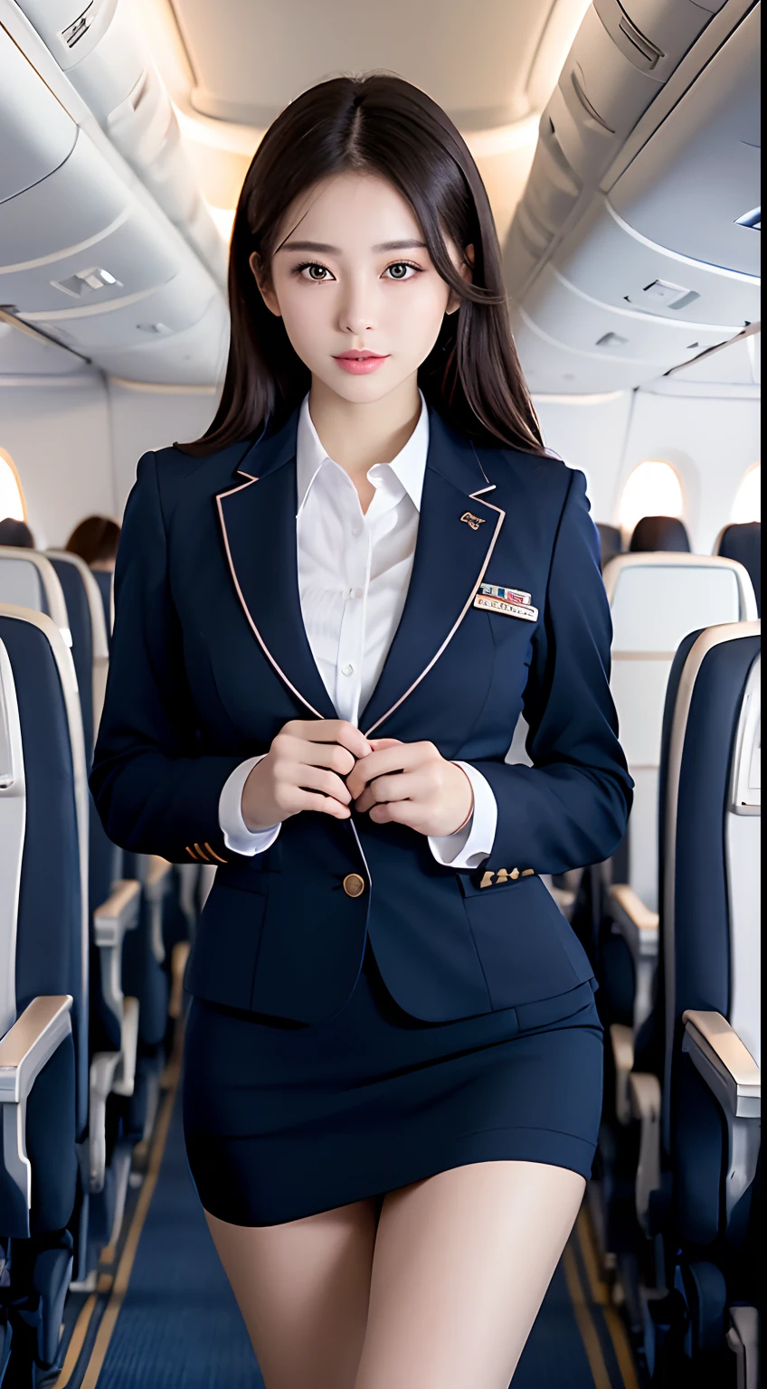 Top Quality, Masterpiece, 8K, Ultra High Definition, (Photorealistic: 1.4), 1 Girl, Beautiful Face, Symmetrical Eyes, Big, Perfect Body Proportions, Stewardess Uniform, Viewer's Look, (Inside the Airplane: 1.2), Front View, Shoulder Jump, Absolute Area (1.3),