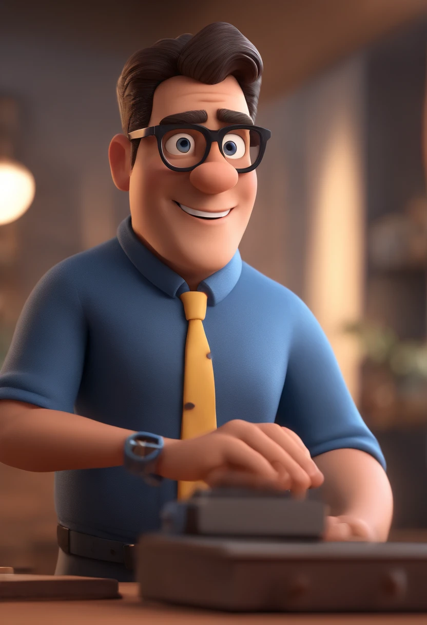 Cartoon character of a man with black glasses and a blue shirt, animation character, Caractere estilizado, animation style rendering, 3D estilizado, Arnold Maya render, 3 d render stylized, toon render keyshot, Personagem 3D, Personagem 3D, 3d rendering stylized, 3 d character render, personagem de desenho animado, Personagem de close up, Pose de personagem,  (Estilo Pixar) (master part:1.2) (Bokeh) (best quality) (pele detalhada) (textura detalhada) (8k) (argila) (Cinematic lighting) (foco nítido