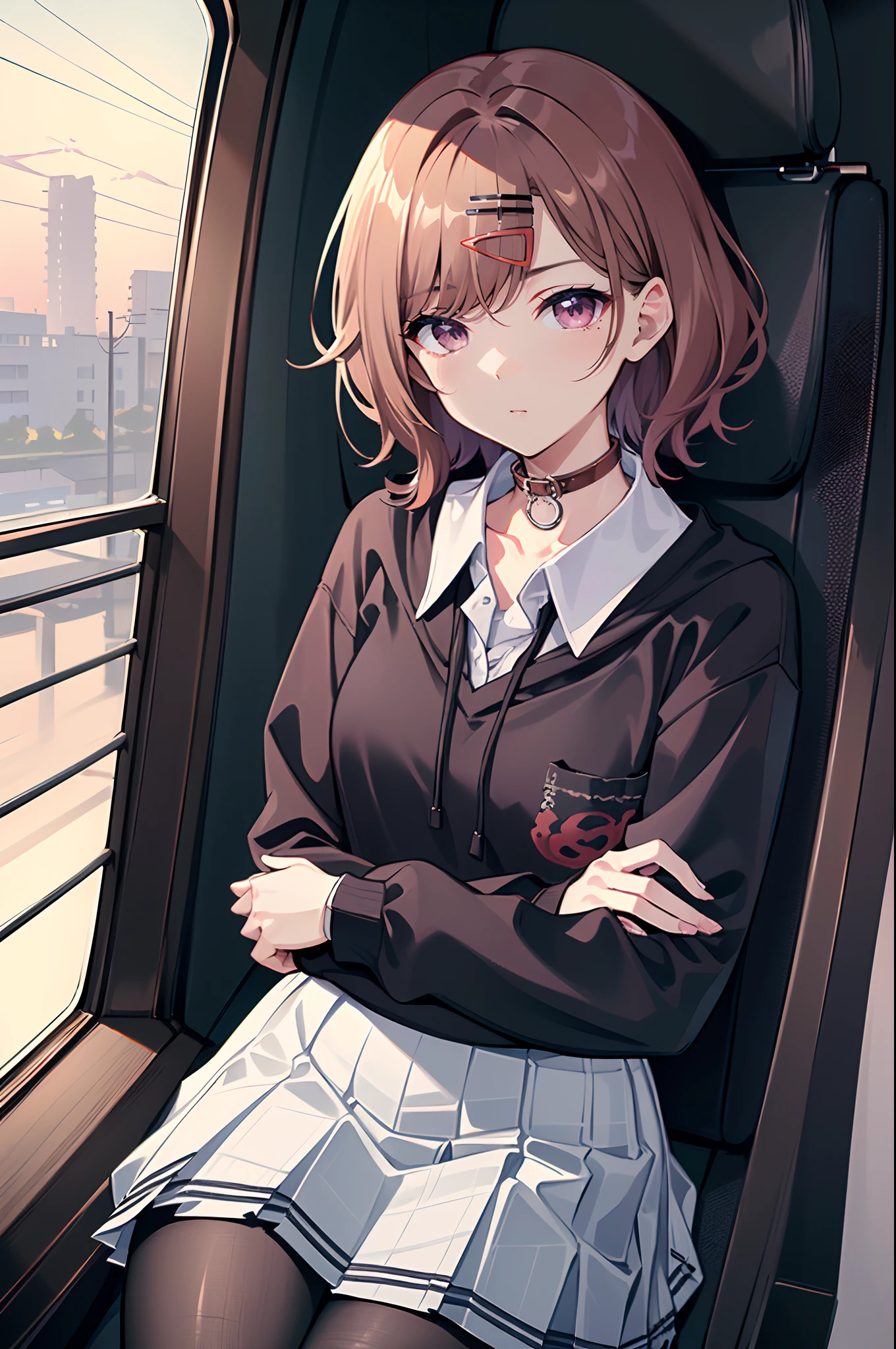 (passenger seat:1.2),　Beautiful Anime Portrait, lofi portrait at a window, Beautiful anime girl, lofi portrait, lofi-girl, Portrait Anime Girl, artwork in the style of guweiz, high quality portrait, with sunset, charming anime girls, Cute anime girl, realistic cute girl painting, Anime style. 8K,sexy body,(Perfect Anatomy:1.2),((Perfect hands:1.2)), (best quality:1.1), ((1girl)),((Beautiful detailed eyes: 1.2)), perfect face, NSFW, smaller eyes, Very detailed face, ((Masterpiece)), (Higuchi Madoka sitting in the passenger seat and looking out the window, brown hair, mole under eye, mole, hair ornament, hairclip, short hair, purple eyes, pantyhose, skirt, pleated skirt, long sleeves, s, bangs, weater, miniskirt, black sweater, black pantyhose, grey skirt, collared shirt, disgusted face, cowboy shot,(Face focus: 1.2), ＜gargantilha＞ ((loose Dog collar)),looking away, crossed arms