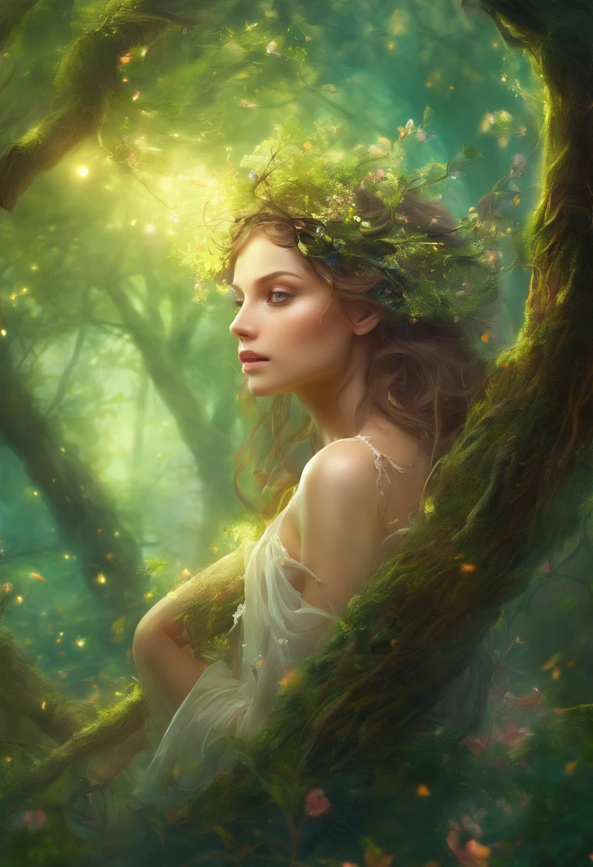 (bestquality,10,10,highres,masterpiece:1.2),ultra-detail,(Realistic,photorealistic portrait,photo-realistic:1.37),forests,Cute female dryad creature,Charming ethereal landscape,Lush vegetation,Majestic ancient tree,Magical sunlight shines through the branches.,Soft fluorescent moss covers the ground.,Faint transparent wings,Delicate flowers bloom around her.,Enchanting eyes that glow softly.,serene expression,graceful posture,Artistic interpretation,Delicate color palette,Mysterious atmosphere,Playful and unusual composition.,Mesmerizing presence,Dryad's harmonious combination with her surroundings.,Realistic fantasy feeling,Natural and realistic lighting