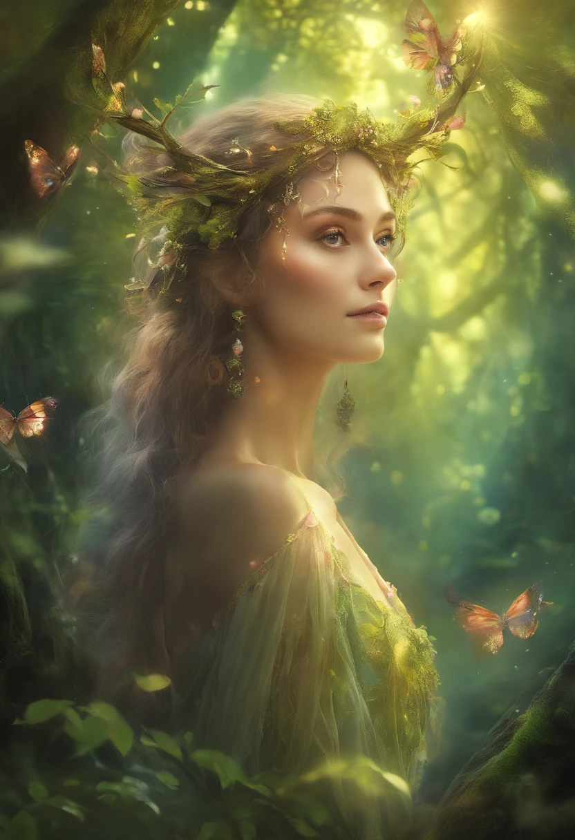 (bestquality,10,10,highres,masterpiece:1.2),ultra-detail,(Realistic,photorealistic portrait,photo-realistic:1.37),forests,Cute female dryad creature,Charming ethereal landscape,Lush vegetation,Majestic ancient tree,Magical sunlight shines through the branches.,Soft fluorescent moss covers the ground.,Faint transparent wings,Delicate flowers bloom around her.,Enchanting eyes that glow softly.,serene expression,graceful posture,Artistic interpretation,Delicate color palette,Mysterious atmosphere,Playful and unusual composition.,Mesmerizing presence,Dryad's harmonious combination with her surroundings.,Realistic fantasy feeling,Natural and realistic lighting