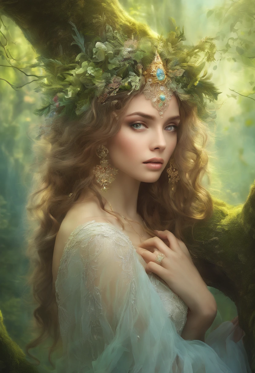 (bestquality,10,10,highres,masterpiece:1.2),ultra-detail,(Realistic,photorealistic portrait,photo-realistic:1.37),forests,Cute female dryad creature,Charming ethereal landscape,Lush vegetation,Majestic ancient tree,Magical sunlight shines through the branches.,Soft fluorescent moss covers the ground.,Faint transparent wings,Delicate flowers bloom around her.,Enchanting eyes that glow softly.,serene expression,graceful posture,Artistic interpretation,Delicate color palette,Mysterious atmosphere,Playful and unusual composition.,Mesmerizing presence,Dryad's harmonious combination with her surroundings.,Realistic fantasy feeling,Natural and realistic lighting