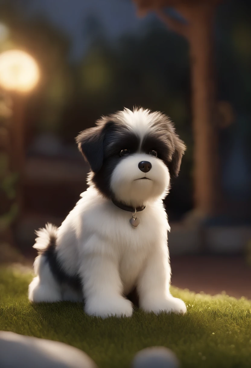 Shitzu dog with black body and white paws and chest, The hole is a mix of white and black, possui desenho branco como se fosse sobrancelha, animation character, Caractere estilizado, animation style rendering, 3D estilizado, Arnold Maya render, 3 d render stylized, toon render keyshot, Personagem 3D, Personagem 3D, 3d rendering stylized, 3 d character render, personagem de desenho animado, Personagem de close up, Pose de personagem, (Estilo Pixar) (master part:1.2) (Bokeh) (best quality) (pele detalhada) (textura detalhada) (8k) (argila) (Cinematic lighting) (foco nítido