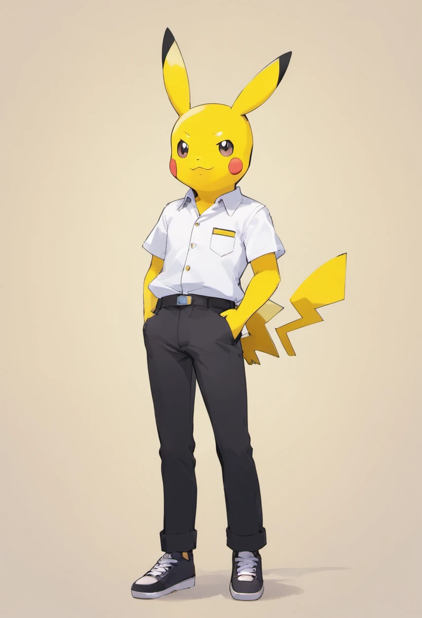 Pokémon: Pikachu wears a white shirt and black pants