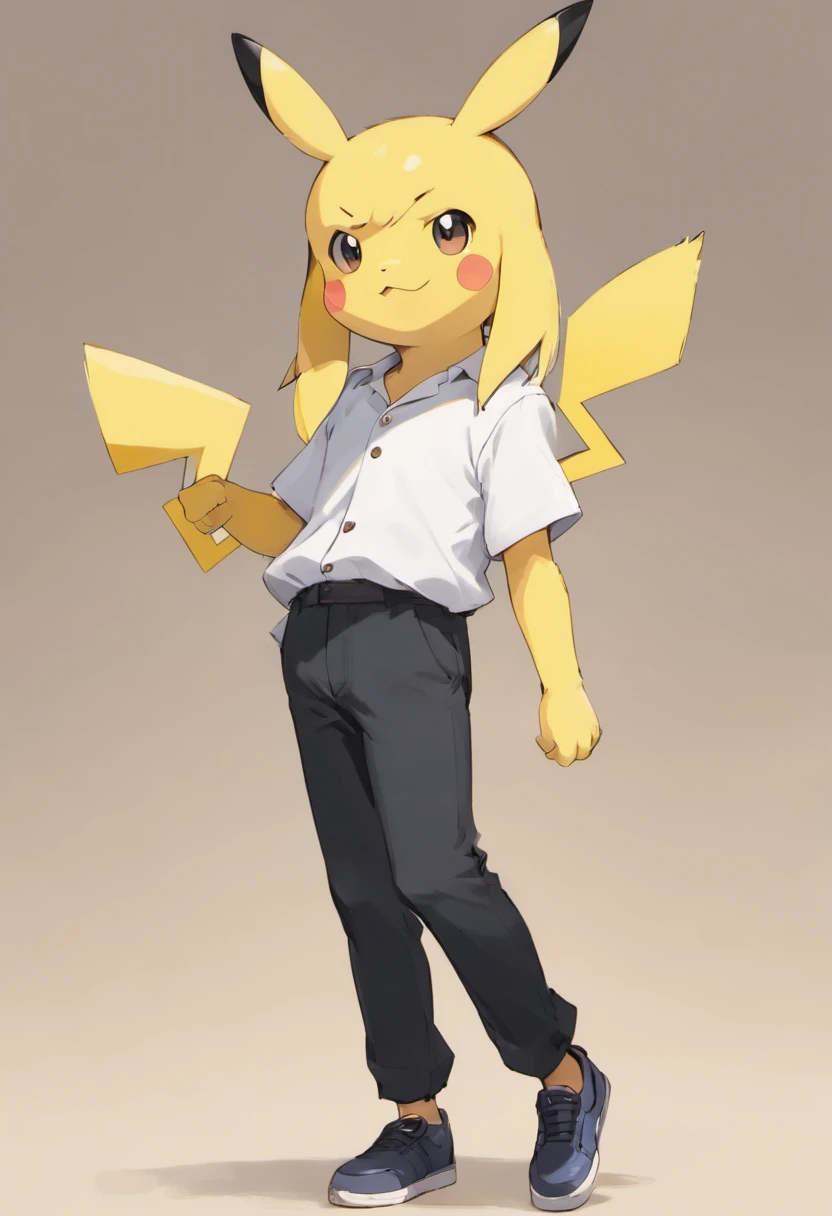 Pokémon: Pikachu wears a white shirt and black pants