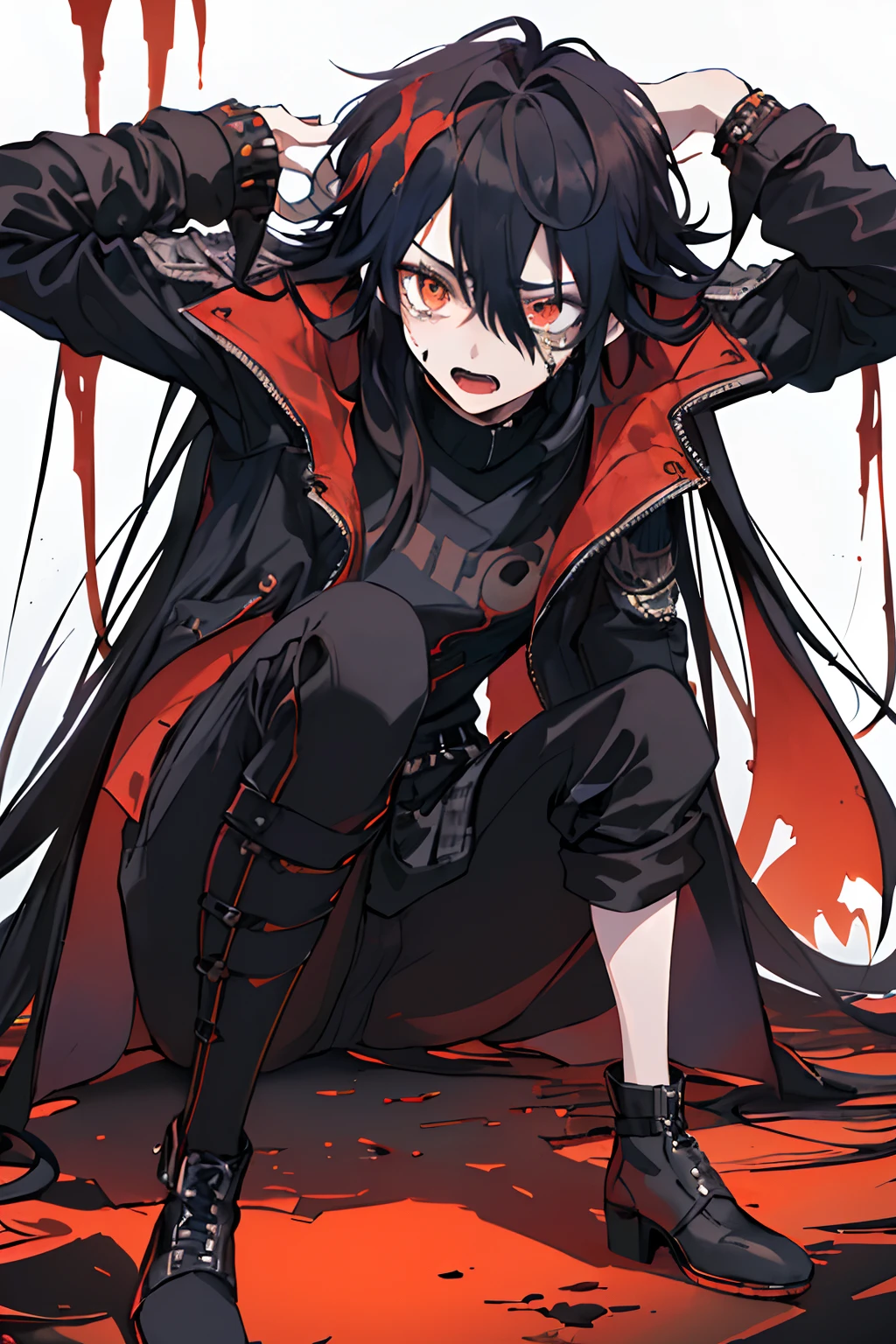 ((((Dramatic)))、(((gritty)))、(((vehement)))The main character is a young female demon, and she is weak in the center.々Sit-in、Wear stylish and edgy outfits、He has a bearish look on his face。The background is dark and rough、It makes you feel horrible。A woman is crouching in the wizard's room。The color palette is predominantly dark、There are splashes of bright colors、It gives a dynamic and visually striking look。 Fashionable, femele, outfits, the pose, the front, Colorful, Dynamic, Background with, element, expresive, ngel, statement, accessorized, The long-haired, coiled, surroundings, touch, The scene, Manteau, covers, Open jacket, captures the attention, tears, stylish, A dark-haired, Catchy, timid, The large, impressive, moderno, Trendy, focus, lo fashion,