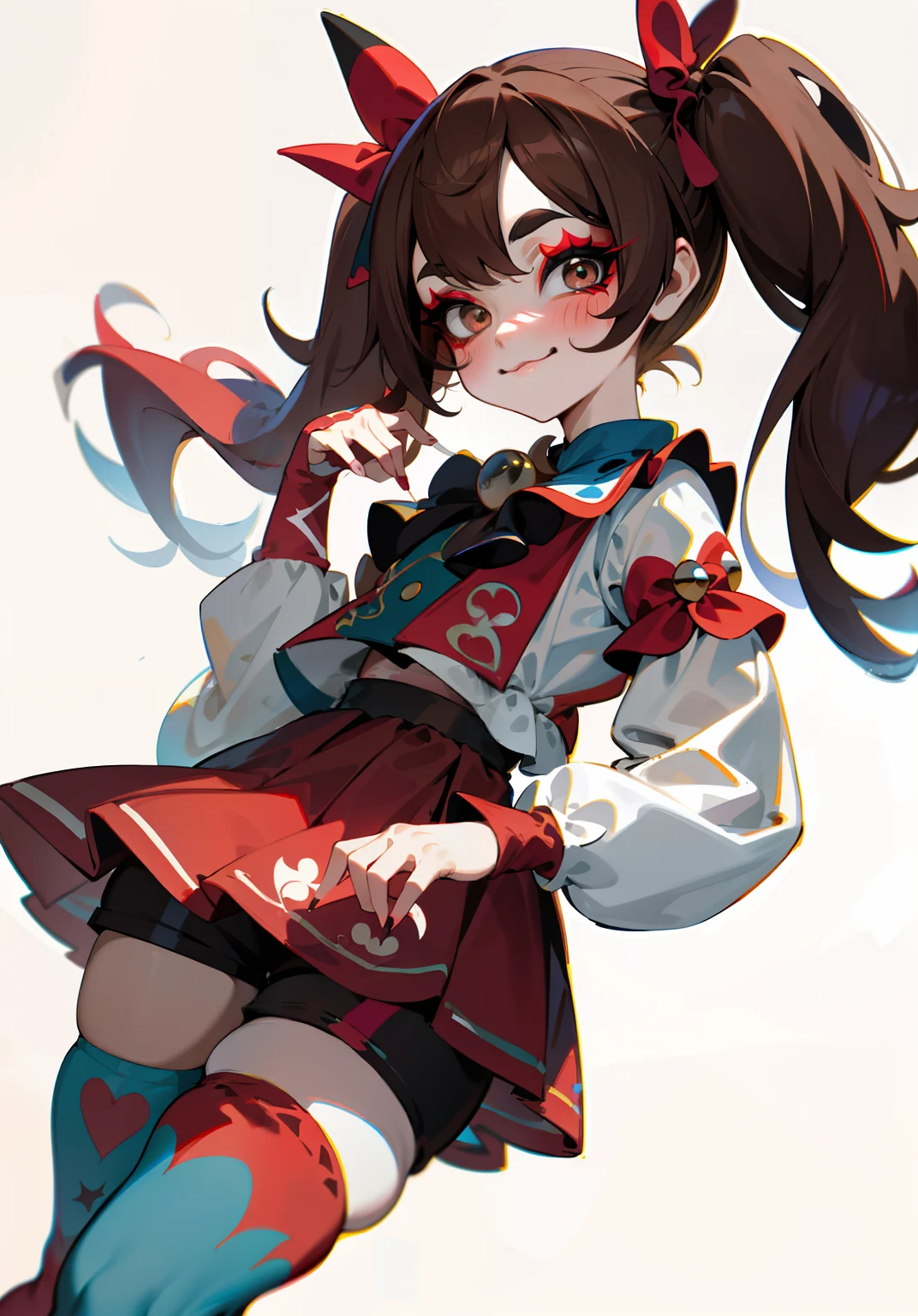 1GIRL, insane clown girl, finely detailed, (best quality), (intricate details), cute style, loli, jester style, multicolored, ((long brown hair in pigtails)), best quality, ((long sleeve shirt and shorts)), ((red and white clothes)), ((jester style clothes)), ((thigh high socks)), ((round eyes)), ((has jester makeup)), beautiful face, happy, cute face, pinup, perfect face, simple background portrait