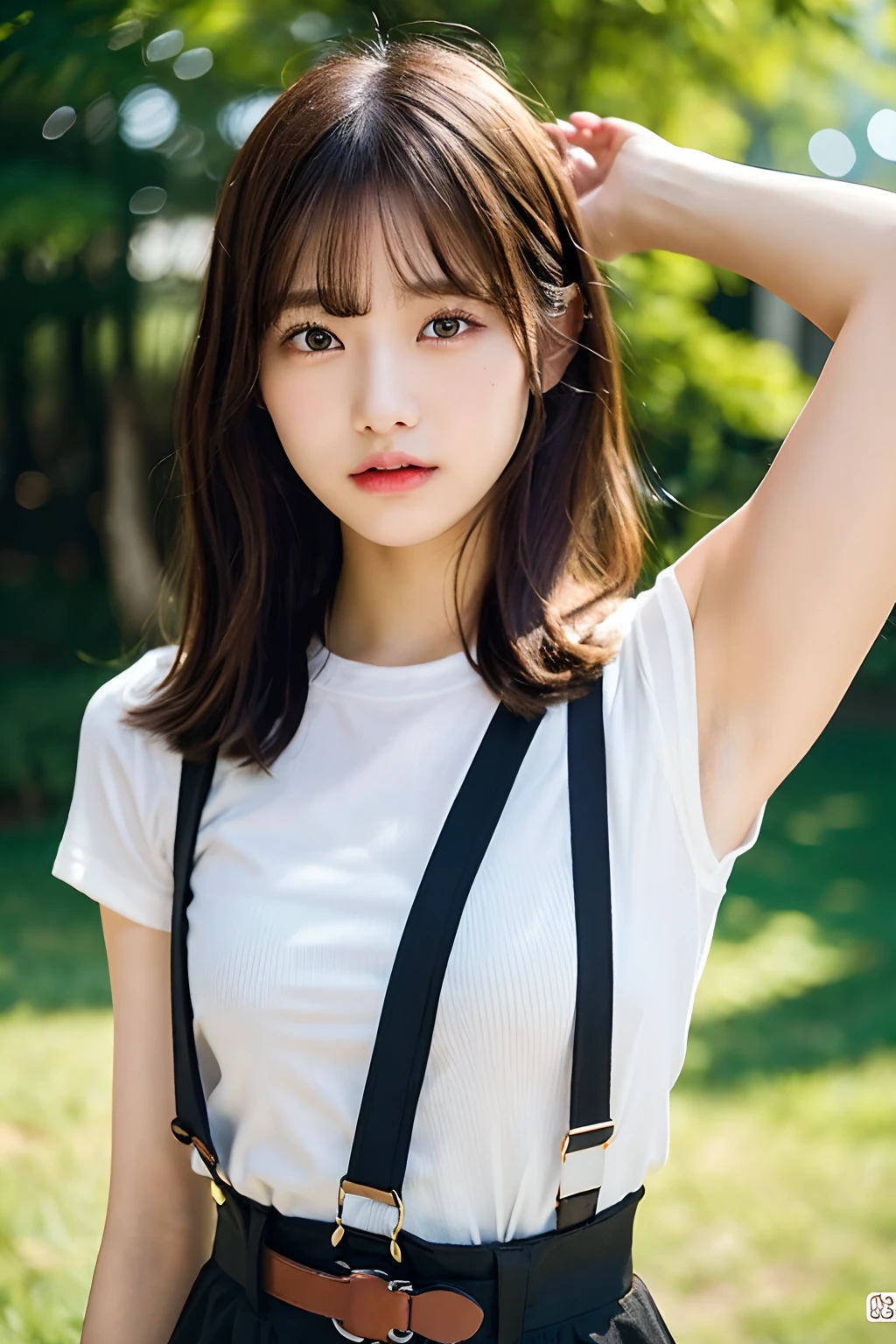 masterpiece、flat-colors、depth of fields、lens flare 1 girl、、Brown hair、watching at viewers a belt black suspenders huge-breasted Armpit sweat perspiring Side of both hands walls: Black pants, Gaze Small face Bangs Upper Eyes Aside Cutter Shirt