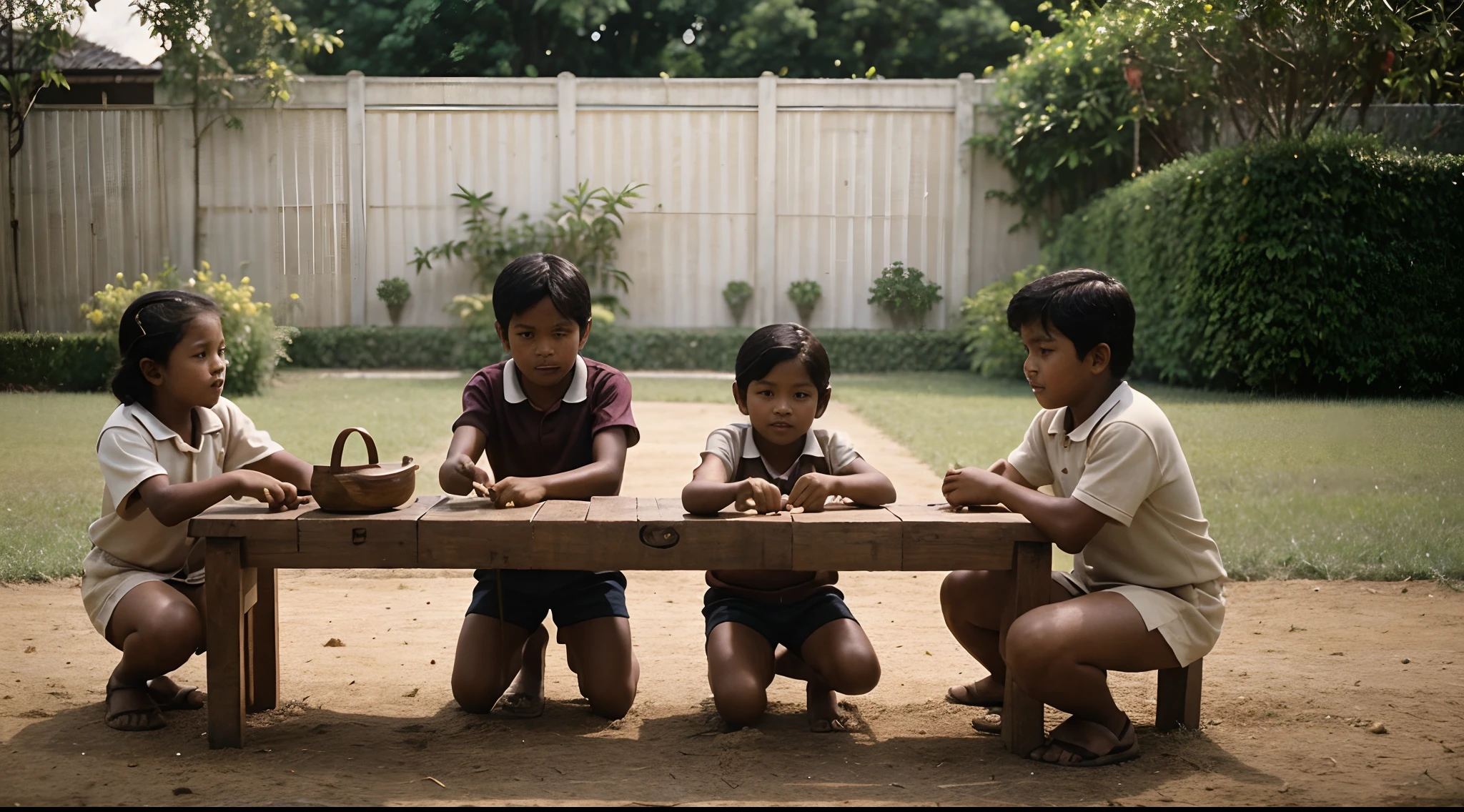 Photo of a 1980s malay 9 kids playing wooden horse in the garden, old movie film grain, shot with a Olympus Zuiko, cinematic lighting, retro, award winning photo,