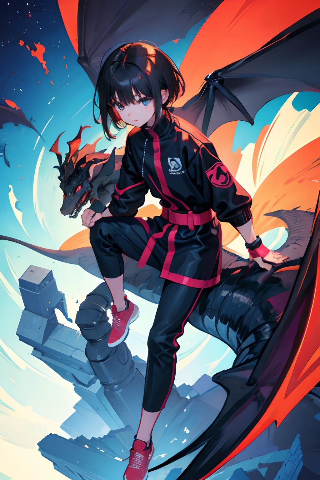 (child),A dark-haired,riding a dragon