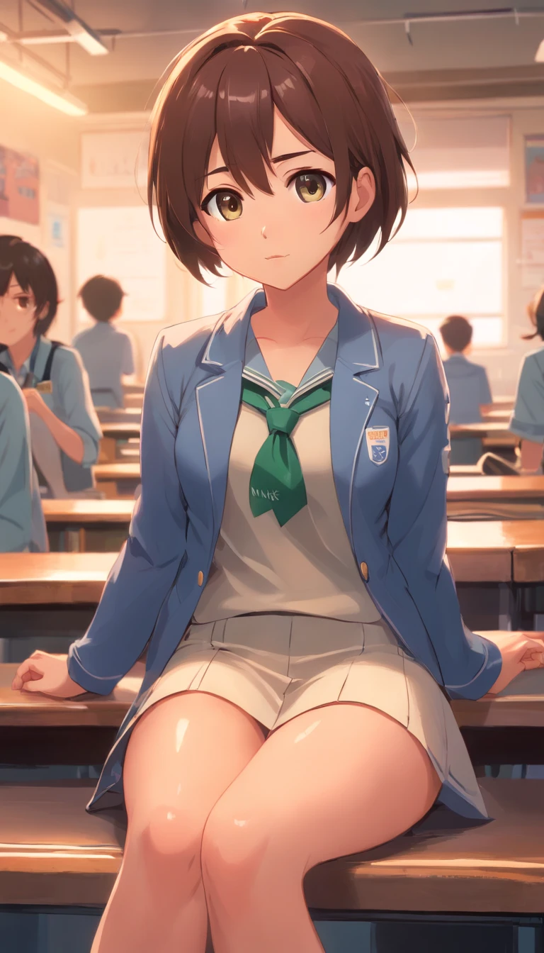 1girl, , short hair, black hair, large breasts, cleavage, slim waist, slender thighs, blouse, mini skirt, pleated skirt, sneakers, on desk, lying, on back, lying on back, indoors, classroom, school, best quality, close-up on face