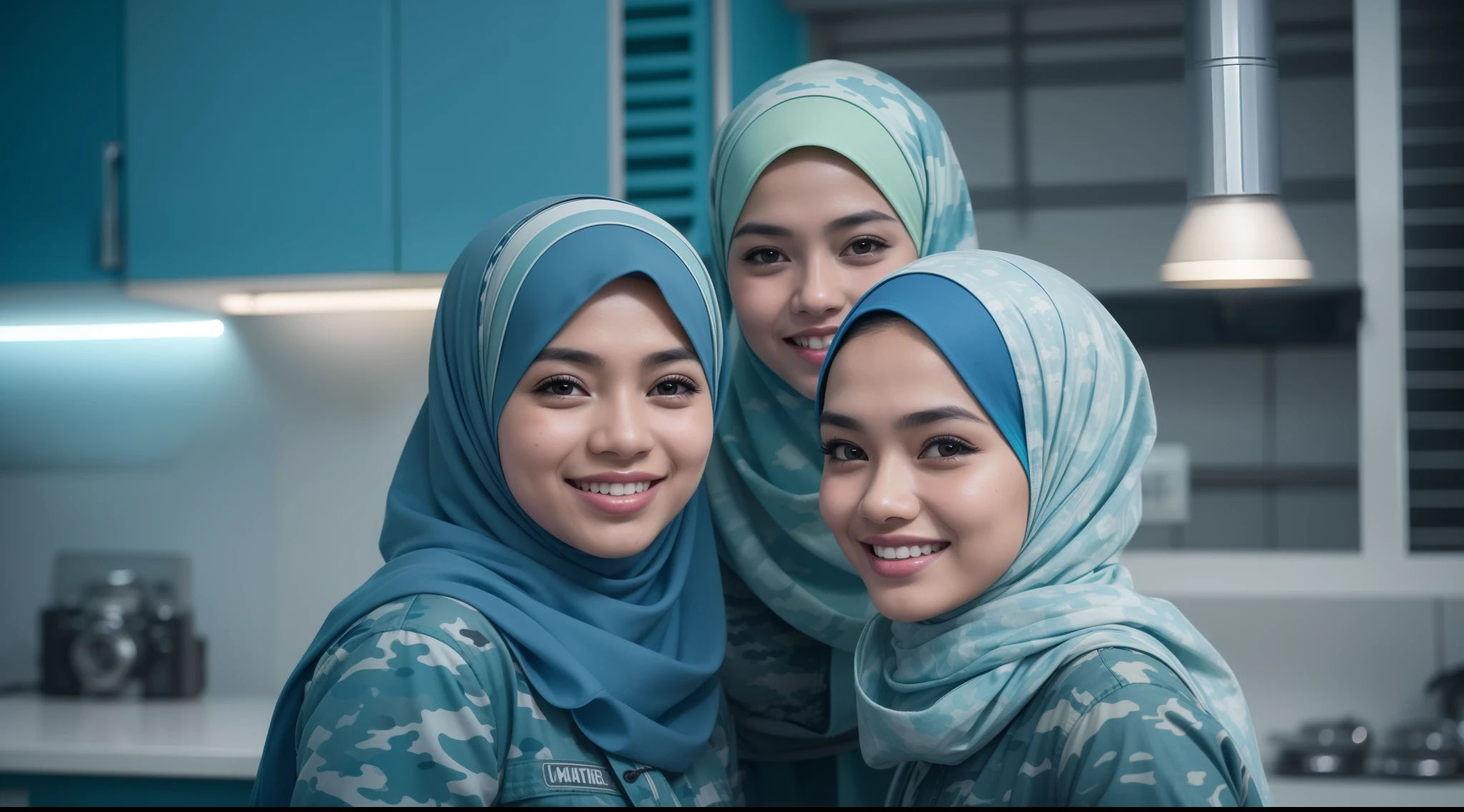 4 beautiful malay girl in hijab taking picture in modern kitchen, wear blue camouflage military uniform, friendly and laughing situation, laughing, happy, detailed skin texture, soft lighting, high quality, movie shot framing, ultra detail, 8k, style raw, pastel color grading, Super 8mm lense, Extreme close-up, Deep Focus cinematography effect,