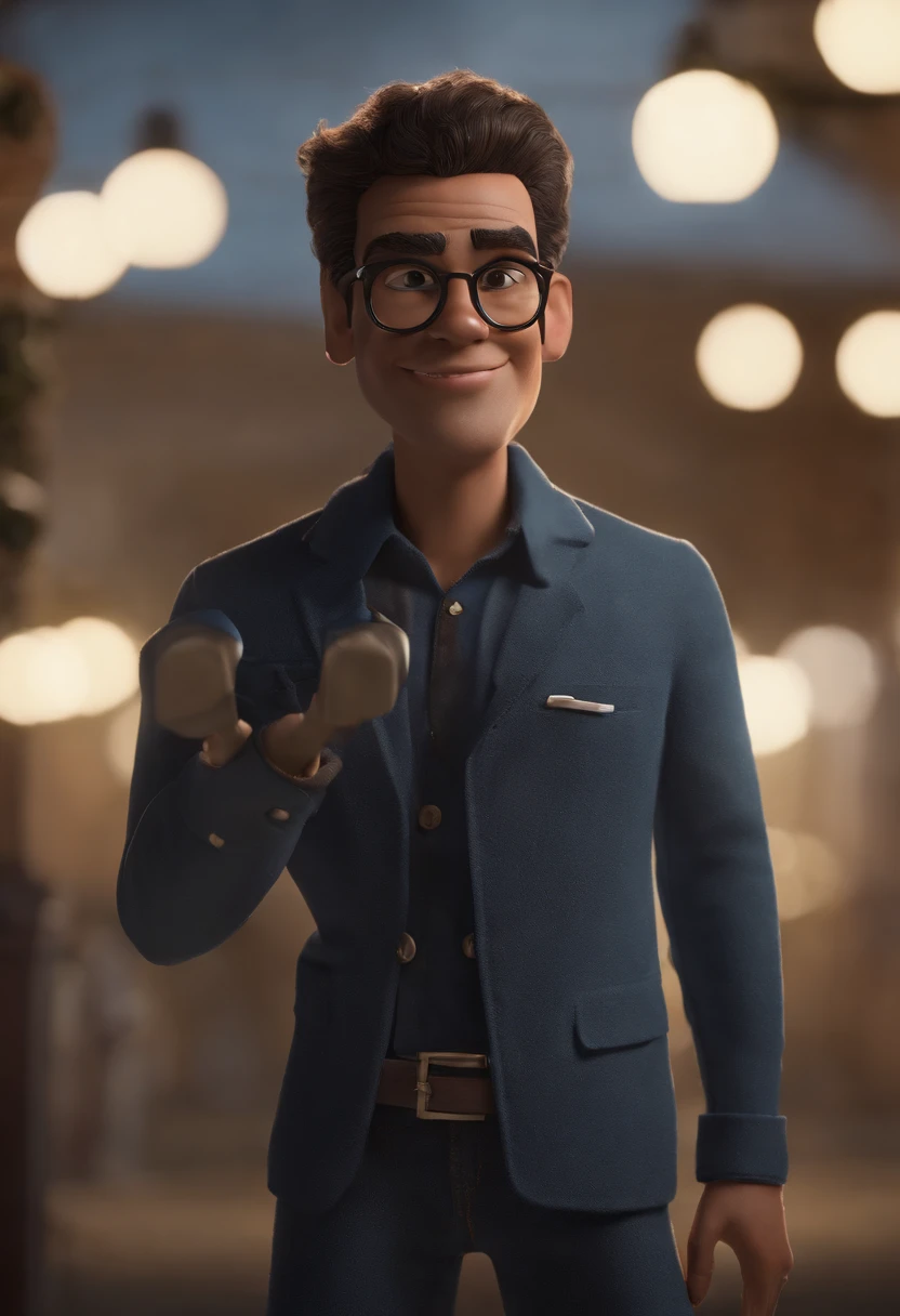 Cartoon character of a man wearing black glasses and a blue shirt, um personagem animado, Caractere estilizado, animation style rendering, 3D estilizado, Arnold Maya render, 3 d render stylized, toon render keyshot, Personagem 3D, Personagem 3D, 3d rendering stylized, 3 d character render, personagem de desenho animado, Personagem de close up, Pose de personagem, (Estilo Pixar) (master part:1.2) (Bokeh) (best quality) (pele detalhada) (textura detalhada) (8k) (argila) (Cinematic lighting) (foco nítido,Senta e vaza a parte superior do corpo