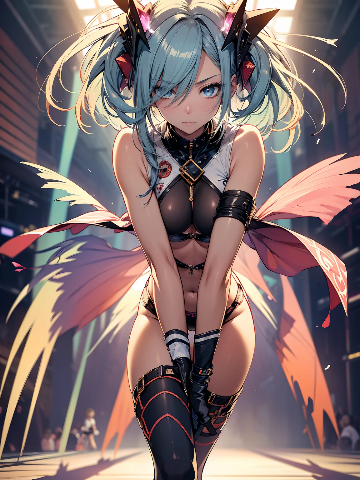 hiquality, hight resolution, ultra-detailliert, high-level image quality, hightquality, anime illustrated, (finely detailed beautiful eye: 1.2), Detailed eye depiction, (finely detailed eyes and detailed face:1.3), (extremely details CG, Best Shadow:1.1), Depth of field and blur, (Perfect Detail: 1.1) , digitial illustration, Enamel Art, Center, Watercolor painting, art stations, concept-art, character sheets, Lightning Wave, beautiful anime watercolors, Vibrant colors, Sharp Focus, art by:hyung tae kim, Fine detail, intricate detailes, highleg, Bikini Suit, Colossal tits, gargantuan butt、Curvaceous body, Detailed eye depiction, Vibrant colors, Sharp Focus, kneeking、(((spread legswide)))、realistic skin textures、Whip body、Tight miniskirt outfit、from below looking up、Panchira、Bite、The bikini、highleg、Ahegao,((Fashion Show:1.3)),((Runway))