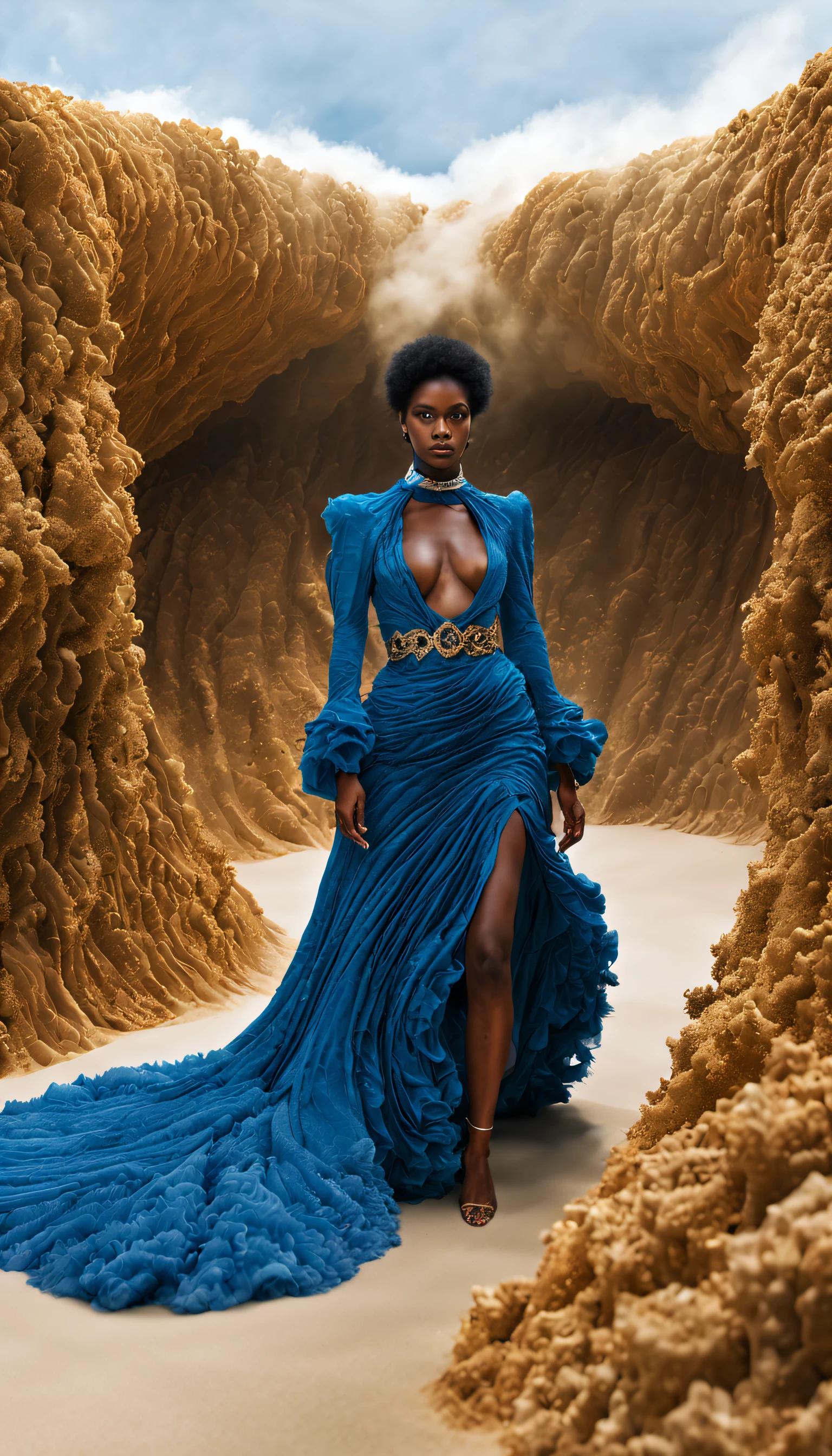 (Photograph of a female model in sapphire blue and gold marine haute couture walking on a T-shaped stage covered with sand reefs),Haute couture, witch clothes,(The scene of the fashion show)
Background with:Lots of spectators,(A T-shaped stage covered with sand reefs),Jupiter,Recife,Sand and foam are swirling,Blue swirling sand and foam, Dust swirls like foam,
Absurdly long hair, long eyelasher, Bright pupils, Lonely, projected inset, zoom layer, Ray tracing, god light, hyper HD, Masterpiece, retinas, Anatomically correct, Textured skin, Super detail, High details, High quality, Award-Awarded, Best quality, A high resolution, 8K