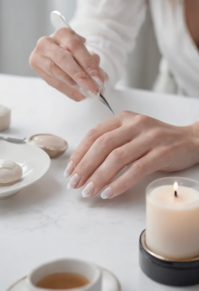 A white woman doing a manicure at a table for someone else with a wide angle shot ultra realistic portrait photo, 64k, Masterpiece, hyper HD