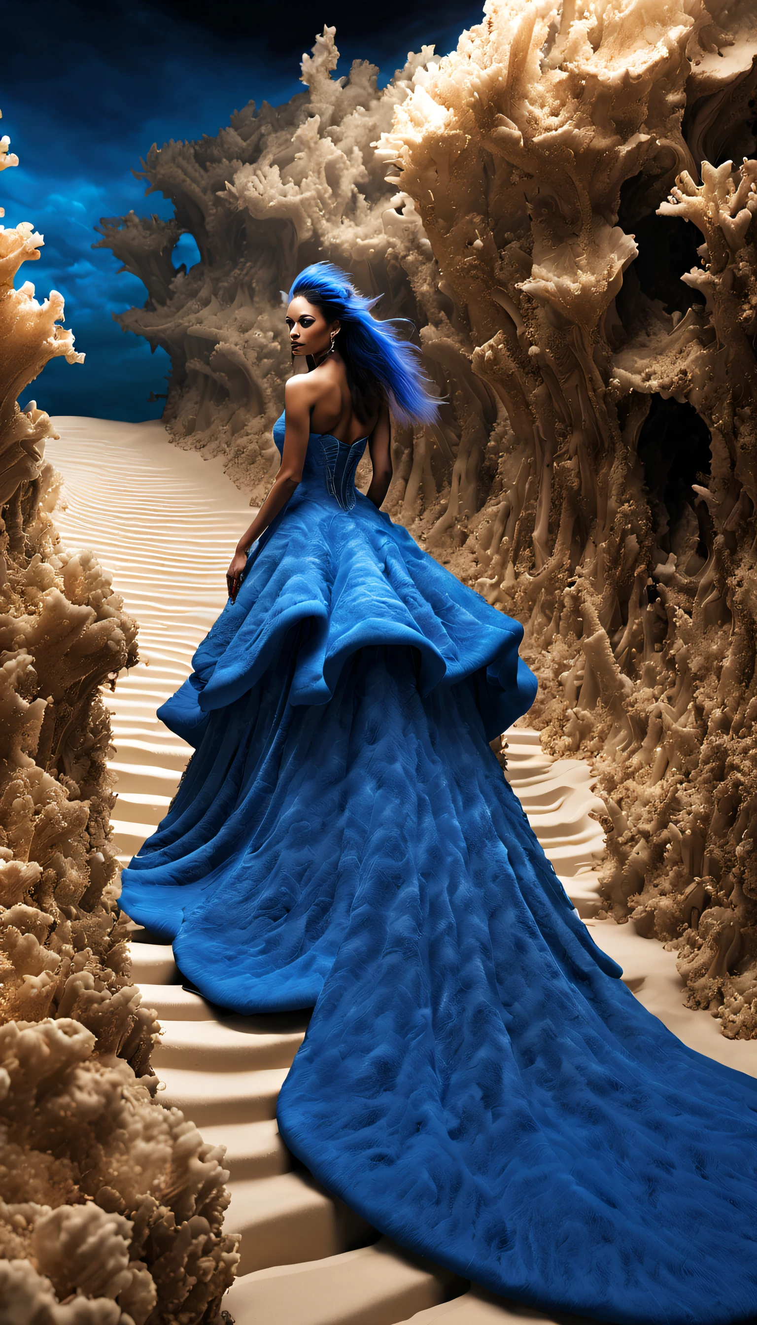 (Photograph of a female model in sapphire blue and gold marine haute couture walking on a T-shaped stage covered with sand reefs）,Haute couture, witch clothes，（The scene of the fashion show）
Background with：Lots of spectators，（A T-shaped stage covered with sand reefs），Jupiter，Recife，Sand and foam are swirling，Blue swirling sand and foam, Dust swirls like foam,
Absurdly long hair, long eyelasher, Bright pupils, Lonely, projected inset, zoom layer, Ray tracing, god light, hyper HD, Masterpiece, retinas, Anatomically correct, Textured skin, Super detail, High details, High quality, Award-Awarded, Best quality, A high resolution, 8K