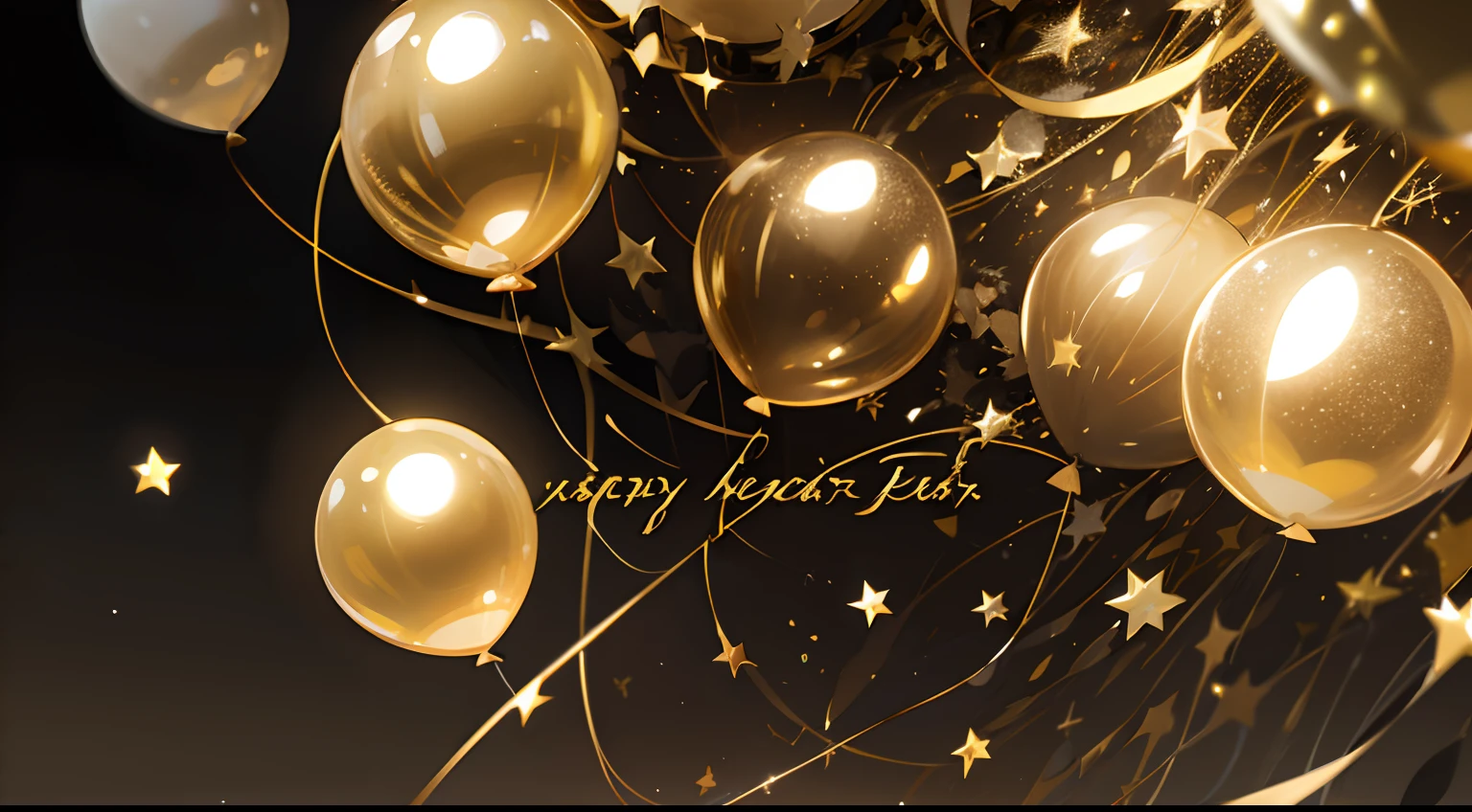 New Year's Party Wide Angle,Black background,Black and gold balloons,star ballon,romantic lighting,Gold glittering glitter and streamers flew all over the sky,glorious lighting,Romantic atmosphere,Champagne,Gatsby-style ball,Q version,3 head body