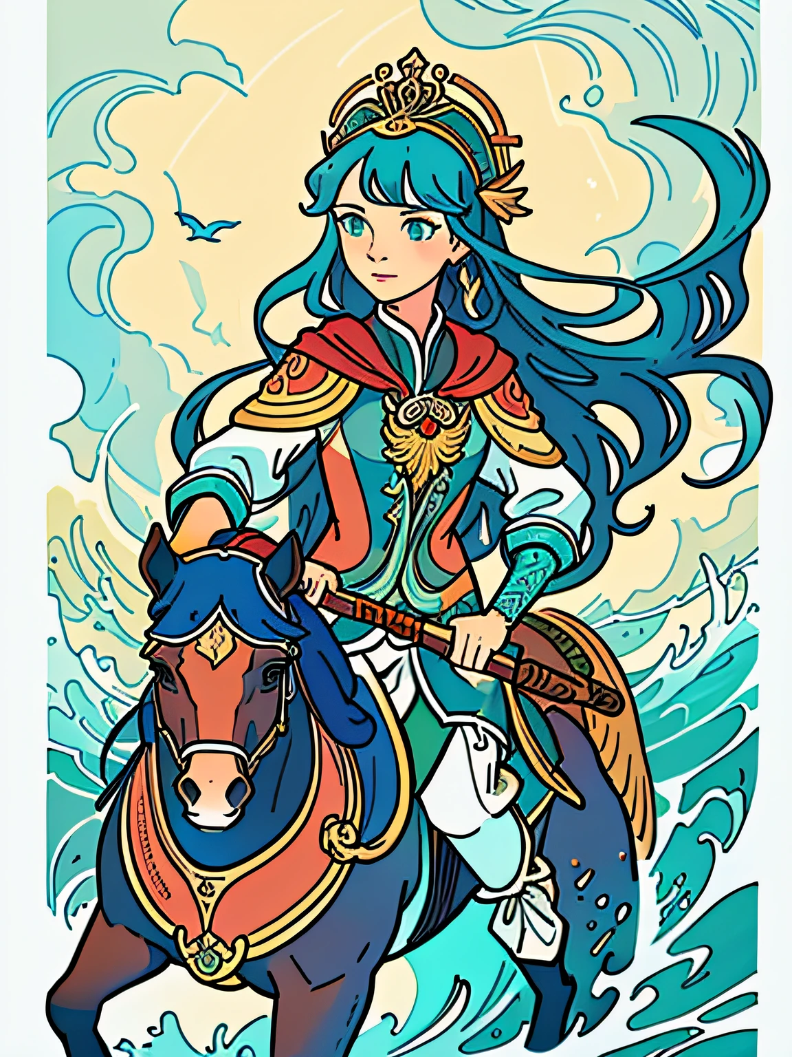 A painting of a woman riding a horse in the sea, james jean and peter mohrbacher, botticelli and victo ngai, james jean and victo ngai, pete mohrbacher, guanyin of the southern seas, james jean artwork, james jean and wlop, james jean art, brittney lee, cloud goddess, sam guay