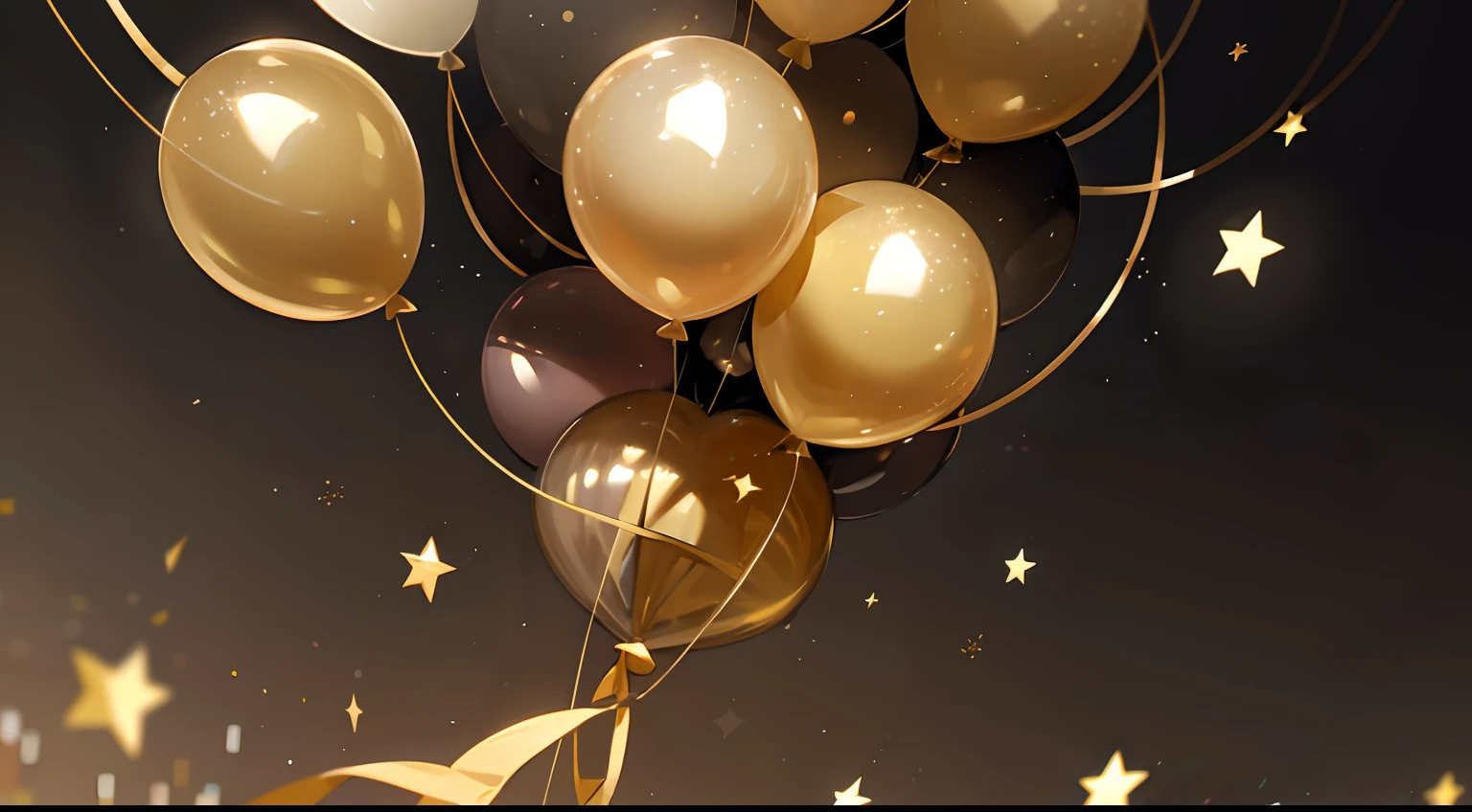 New Year's party,Black background,Black and gold balloons,star ballon,romantic lighting,Gold glittering glitter and streamers flew all over the sky,glorious lighting,Romantic atmosphere,Champagne,Gatsby-style ball