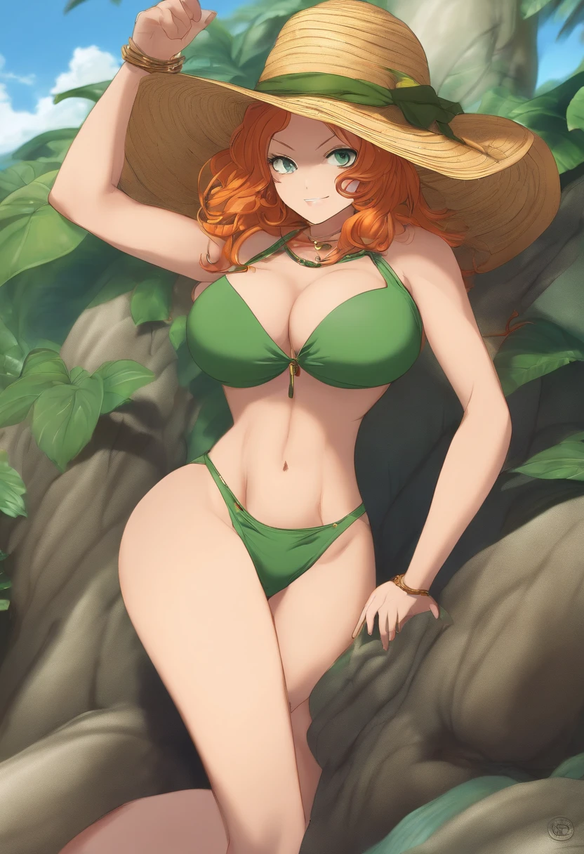 nami,onepiece,masterpiece,thick thigh,huge breastsexhausted,nipples,green bikini,cowgirl position