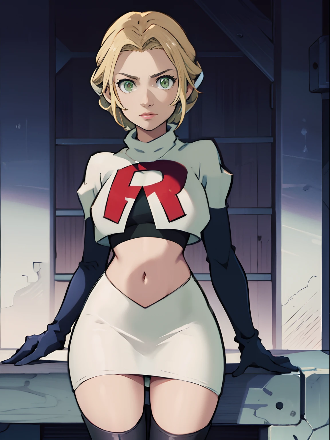 ingrid_timeskip, green eyes, team rocket, team rocket uniform, red letter R, white skirt, white crop top, black thigh-high boots, black elbow gloves, looking at viewer,