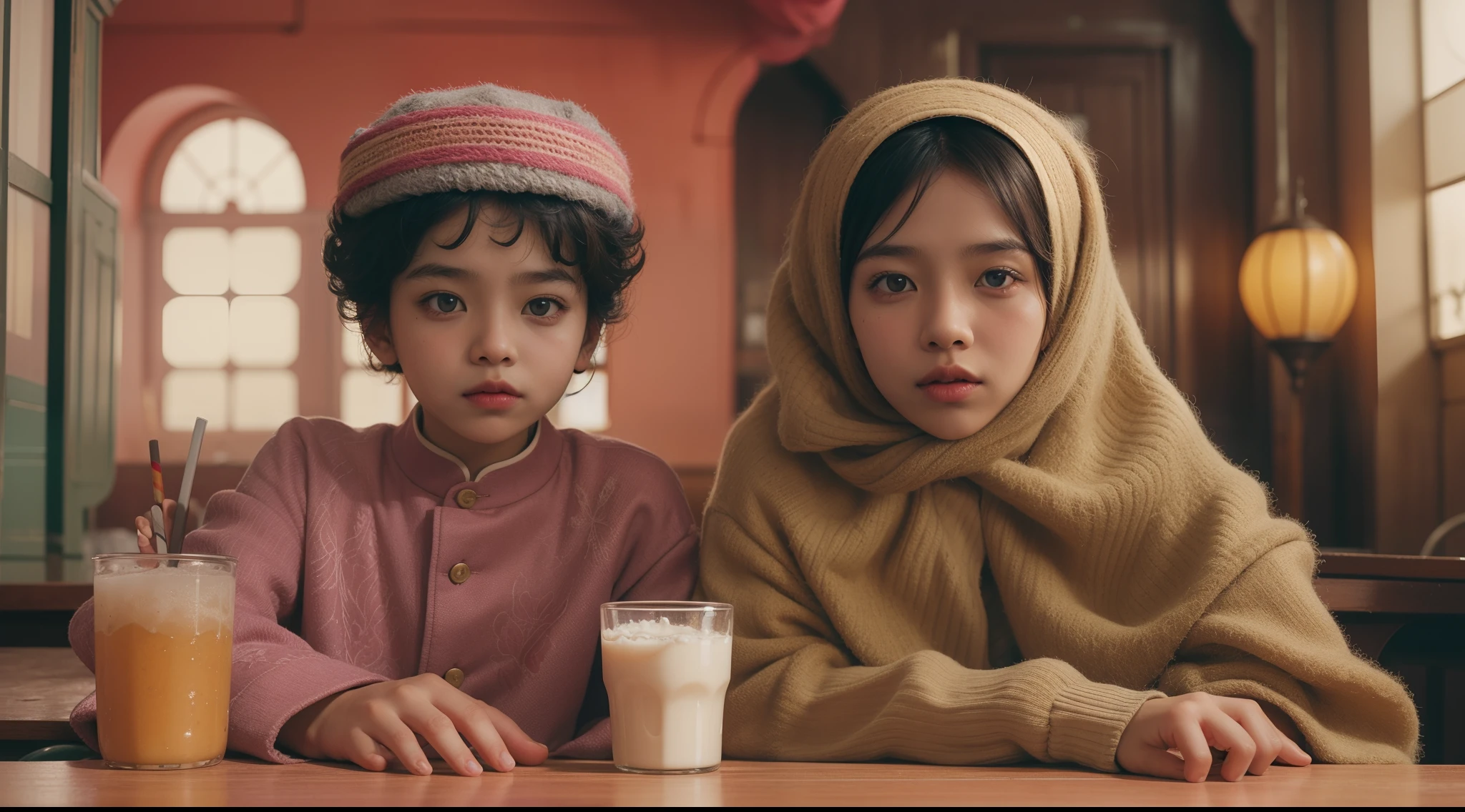  malay boy with big afro and 1 little girl in hijab seat in a bar stool drinking milk, in the style of Grand Budapest Hotel directed by Wes Anderson raise hand, photo taken using Panavision DXL2, 28mm lens, Establishing shot, desaturated color grading, cinemascope, drama, high quality, ultra detailed, 8k resolution,