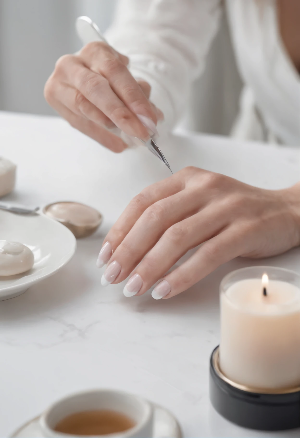 A white woman doing a manicure at a table for someone else with a wide angle shot ultra realistic portrait photo, 64k, Masterpiece, hyper HD