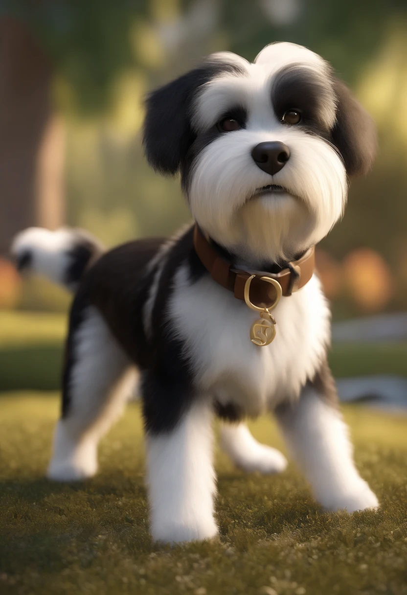 Shitzu dog with black body, patas e peito branco, The muzzle is a mixture of black and white, possui sobrancelha branca, playful face, Caractere estilizado, animation style rendering, 3D estilizado, Arnold Maya render, 3 d render stylized, toon render keyshot, Personagem 3D, Personagem 3D, 3d rendering stylized, 3 d character render, personagem de desenho animado, Personagem de close up, Pose de personagem, (Estilo Pixar) (master part:1.2) (Bokeh) (best quality) (pele detalhada) (textura detalhada) (8k) (argila) (Cinematic lighting) (foco nítido