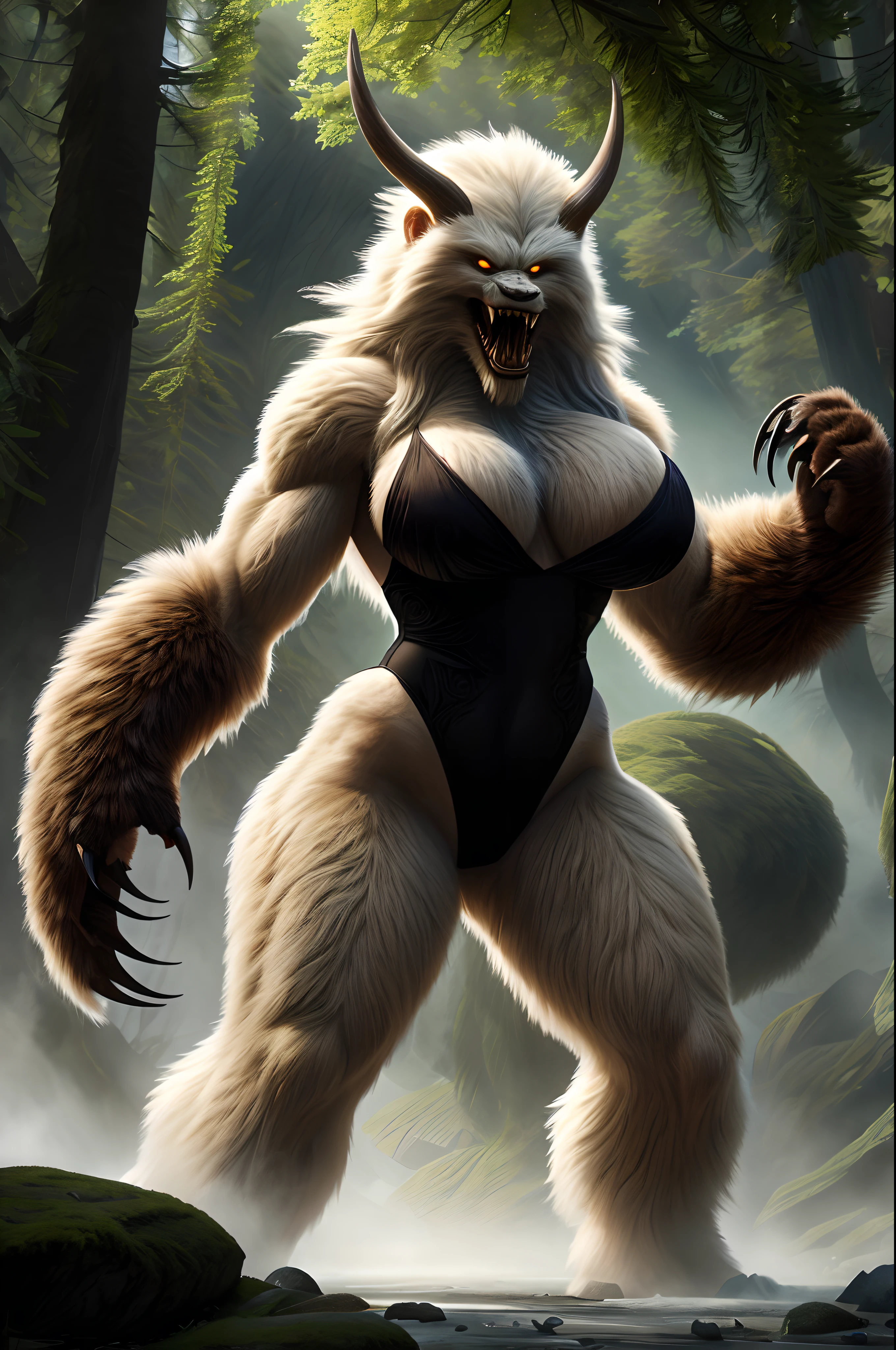 (realistic: 1.5), Woman transformed into Yeti, High-Leg Leotard, Fur, Large Breasts, Muscular, Hourglass Body, Voluptuous, Claws: sharp, teeth: fangs, Monstrous yet Beautiful, Monster,

# Best quality, ultra-detailed, realistic, photo-realistic:1.37
# Portraits, concept artists

A woman stands in the center of the scene, her transformation into a Yeti nearly complete. The art style should be realistic, capturing every intricate detail of her metamorphosis. Her powerful presence is accentuated by her large breasts and muscular yet hourglass-shaped body, giving her a voluptuous yet fierce appearance.

Wearing a high-cut leotard which clings to her transformed form, it complements her ferocious yet elegant demeanor. The leotard itself should be highly-detailed, revealing the weight and texture of the fabric, adorning it with intricate patterns or motifs.

Her body is covered in dense, luxurious fur, adding to her wild and untamed aura. The fur should be depicted with ultra-detailed precision, displaying the individual strands and variations in color and length. This fur acts as a visual representation of her transformation into the Yeti, highlighting her connection with the natural world.

In true Yeti fashion, she possesses sharp claws and teeth, creating a sense of primal danger. These claws should be depicted as razor-sharp, capable of rending anything that stands in her way. Her fangs, glistening and menacing, are prominently visible when her mouth slightly opens, revealing her monstrous yet beautiful appearance. Ensure the realistic details of both the claws and teeth to emphasize their menacing aspect.

The artwork should capture the unique duality of her transformation: monstrous yet beautiful. It should convey a sense of awe and admiration for nature's ability to create such fearsome elegance. Showcasing this contrast, her Yeti form must be both intimidating and captivating, evoking a mix of fear and fascination from the viewer.

Along with the visual deta