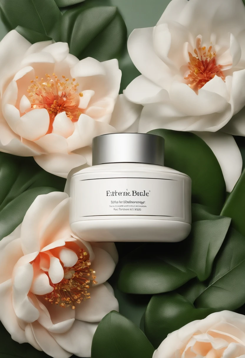 Simple graphic design,About a cosmetic product,White as the base,Flower embellishment,The content needs to be simple