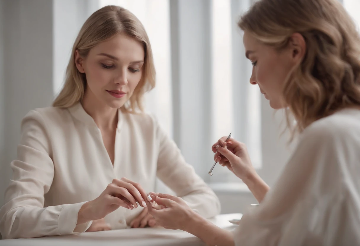 A white woman doing a manicure at a table for someone else with a wide angle shot ultra realistic portrait photo, 64k, Masterpiece, hyper HD