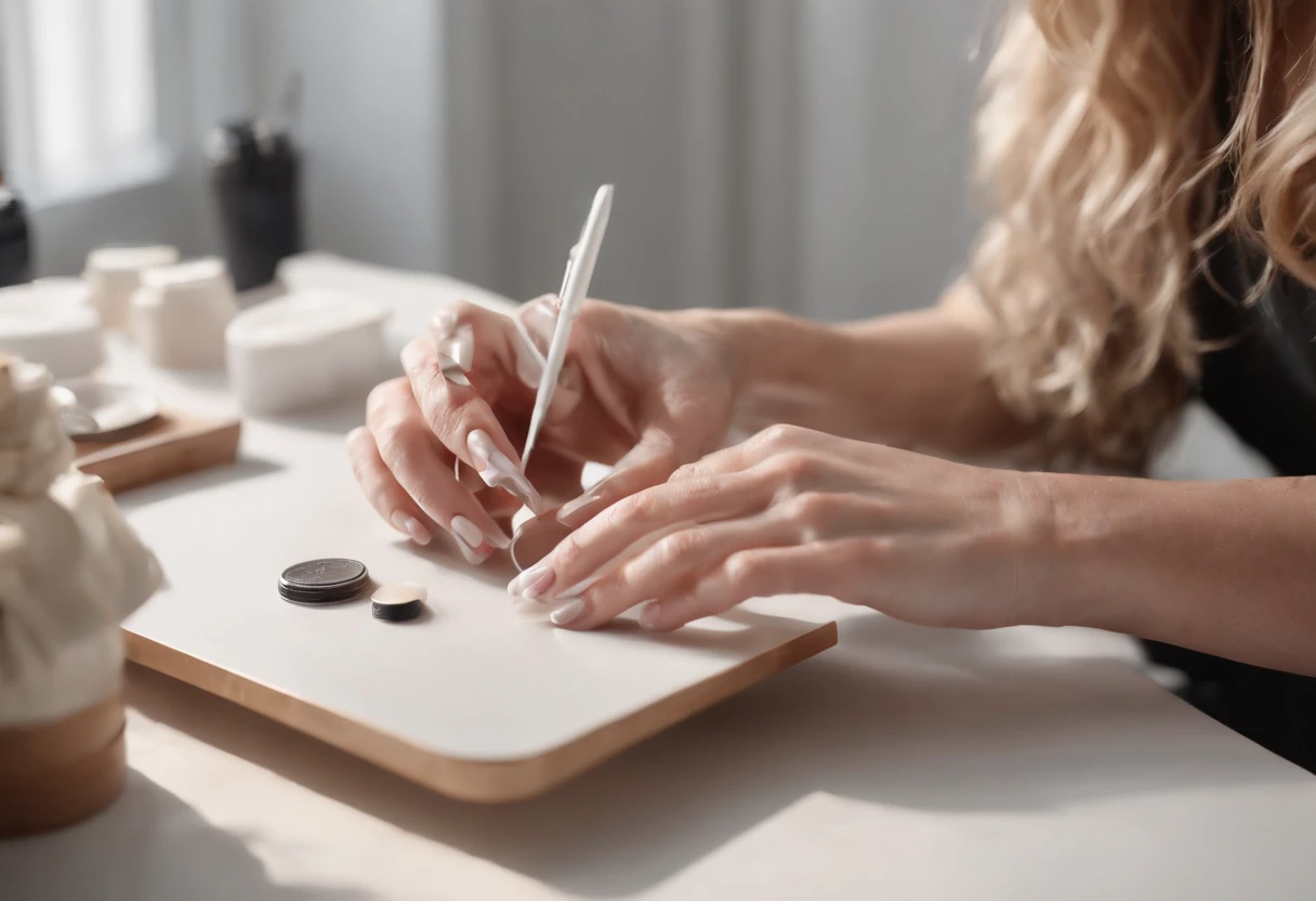 A white woman doing a manicure at a table for someone else with a wide angle shot ultra realistic portrait photo, 64k, Masterpiece, hyper HD