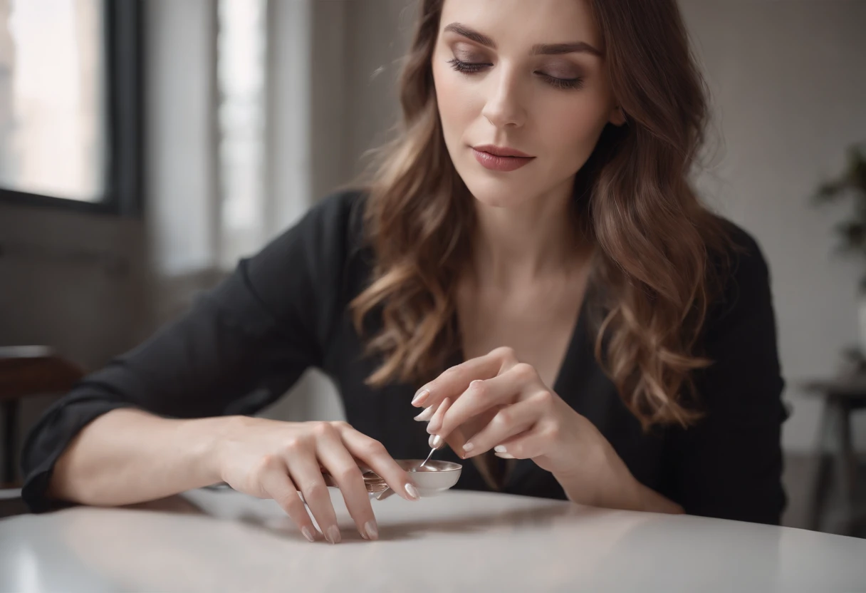 A white woman doing a manicure at a table for someone else with a wide angle shot ultra realistic portrait photo, 64k, Masterpiece, hyper HD