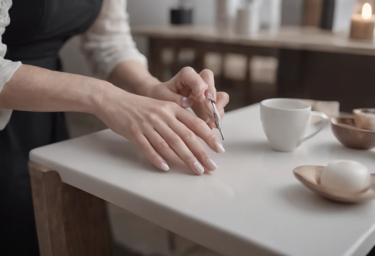 A white woman doing a manicure at a table for someone else with a wide angle shot ultra realistic portrait photo, 64k, Masterpiece, hyper HD