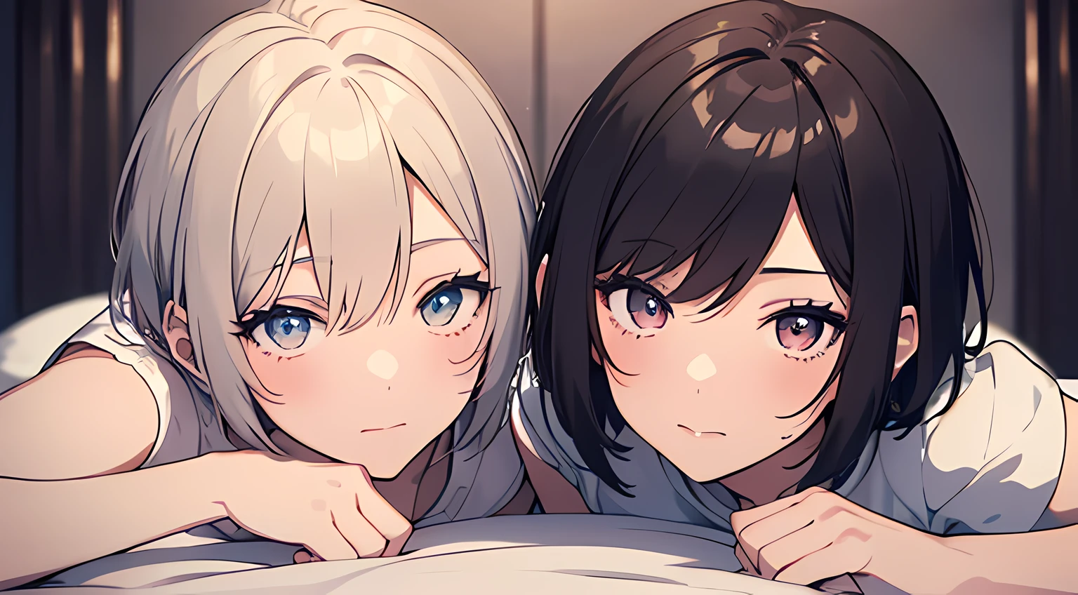 2 girls, (beautiful eyes finely detailed, short hair with different colors), wearing different outfit, laying down in bed, teasing facial expression, looking at the camera, blush on their face, bedroom, master piece, sidelighting, top-quiality, detailed, full body photos, High Resolution anime illustration