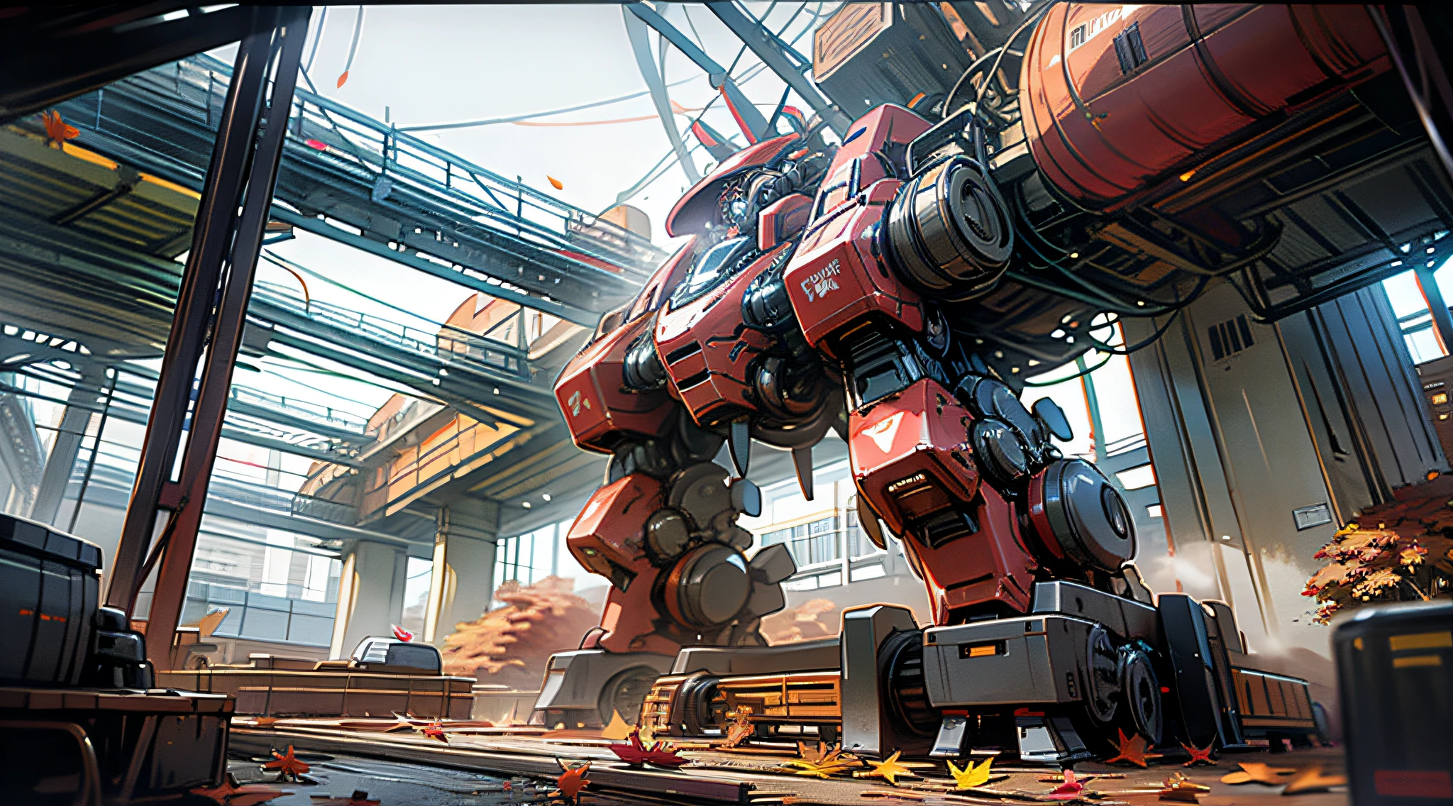 ((autumnal)),ultra-wide-angle,The mech stands on the ground