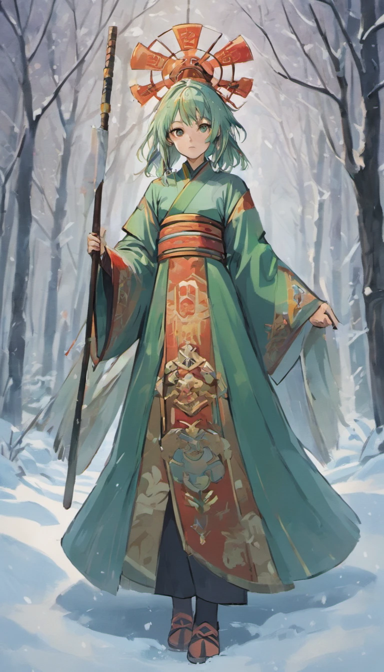 (tmasterpiece,best qualtiy,超高分辨率,Detailed details),1 Ancient Chinese Assassins with swords,heroic look,Eyebrows are clear,Wearing a straw hat,Wearing a cassock,inspired by Shunkōsai Hokushū,in the artistic style of mohrbacher,Inspired by Ryūkōsai Jokei,in style of peter mohrbacher,Snowy background,Heavy snow,