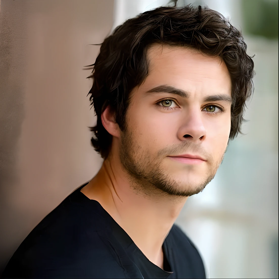 (best quality,highres),(black t-shirt:1.1), (profile picture),(Dylan O'brien), (short black hair), (brown eyes), (five o'clock shadow), (ultra-detailed),(photo-realistic:1.37),(portrait),(hyperrealism),(dark and intense colors),(subtle studio lighting)