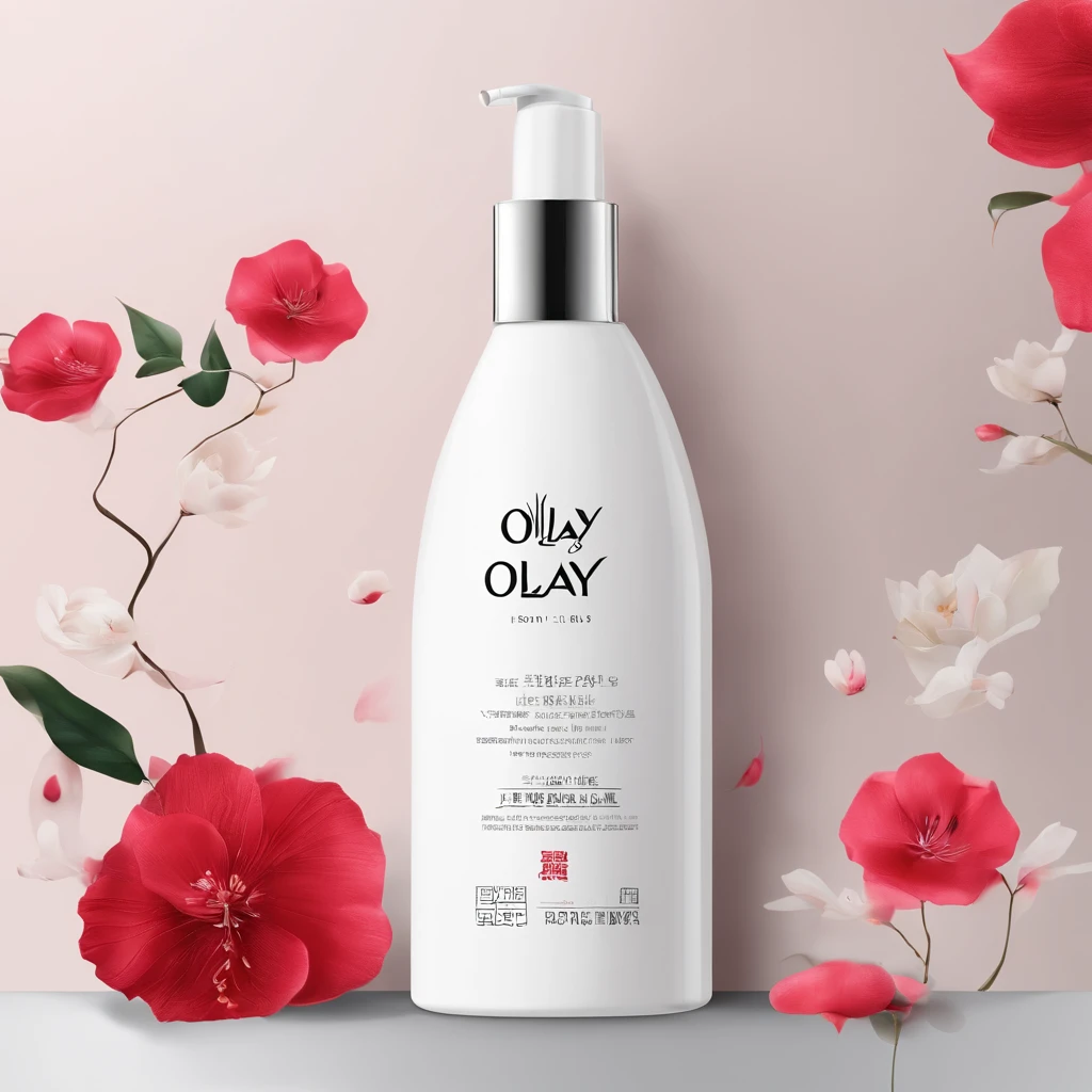 Simple graphic design,About a cosmetic product,White as the base,Flower embellishment,The content needs to be simple,This cosmetic is a body lotion from the Chinese brand OLAY