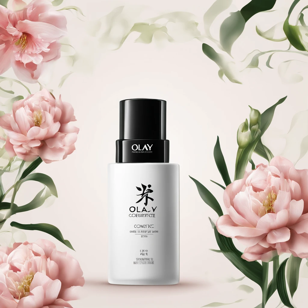 Simple graphic design,About a cosmetic product,White as the base,Flower embellishment,The content needs to be simple,This cosmetic is a body lotion from the Chinese brand OLAY