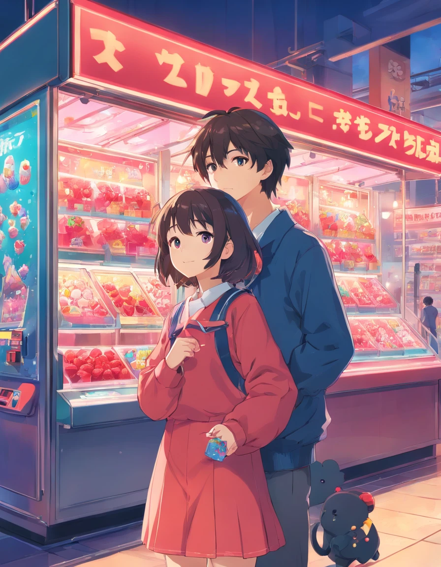 There is a cute boy and girl standing in front of the crane machine，Girl holding cute strawberry bear in her hand,  Cute cartoon, cute illustration, Praise Artstyle, lofi feel,The background is a claw machine，There is a cute doll on the mechanical grab in the crane machine。
