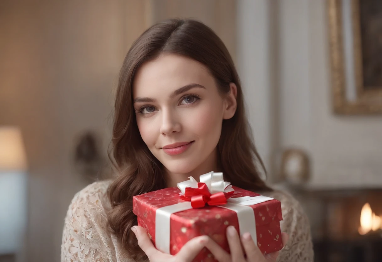 A Caucasian woman holds a gift,A happy look,Hyper-realistic portrait photos, 64k, Masterpiece, hyper HD