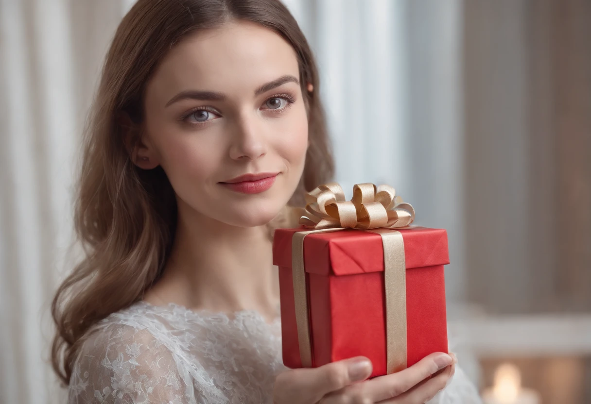 A Caucasian woman holds a gift,A happy look,Hyper-realistic portrait photos, 64k, Masterpiece, hyper HD