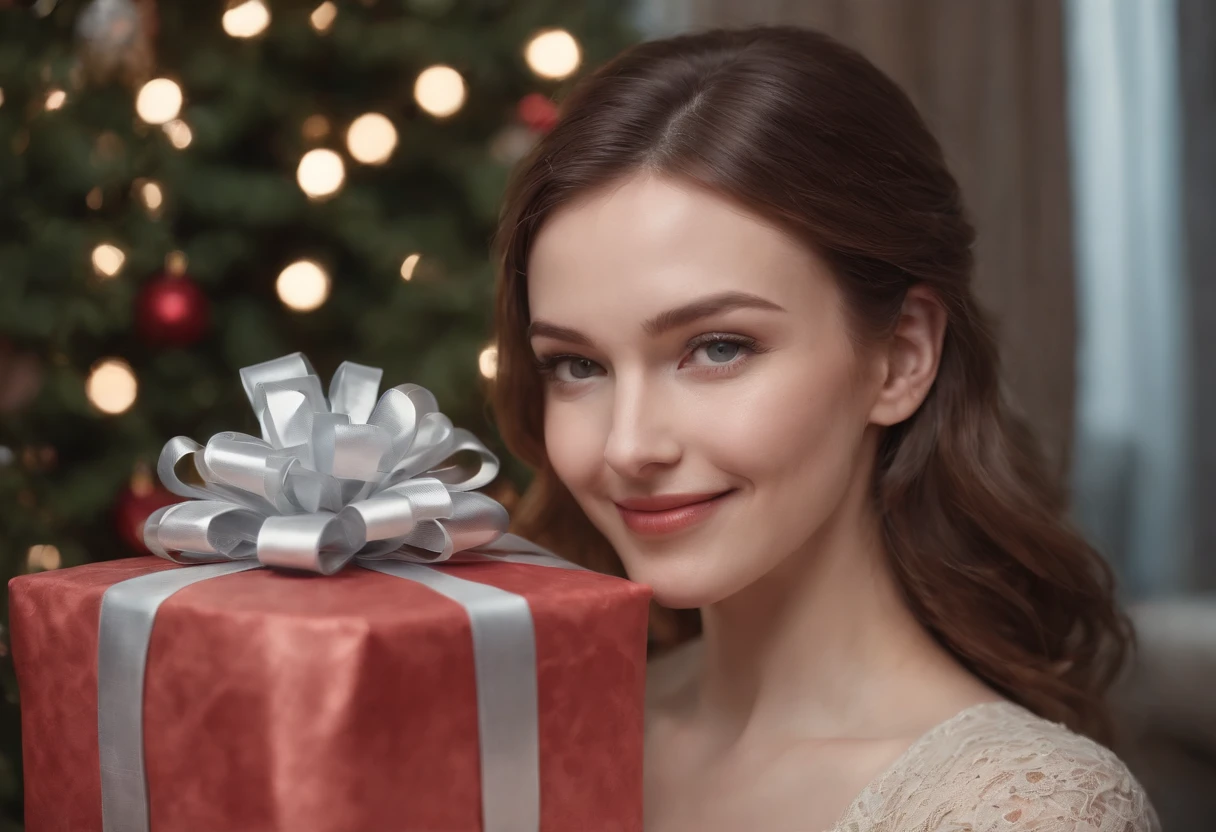 A Caucasian woman holds a gift，A happy look，Hyper-realistic portrait photos, 64k, Masterpiece, hyper HD