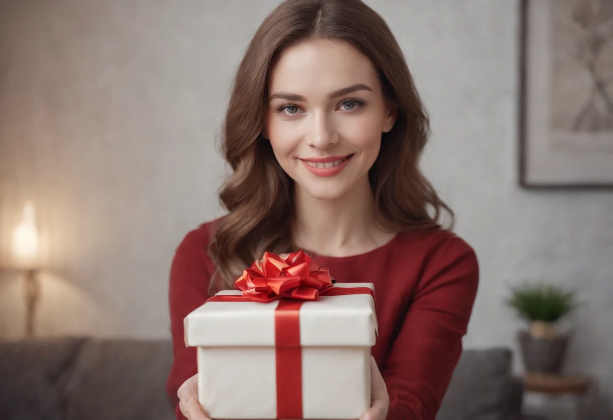 A Caucasian woman holds a gift，A happy look，Hyper-realistic portrait photos, 64k, Masterpiece, hyper HD