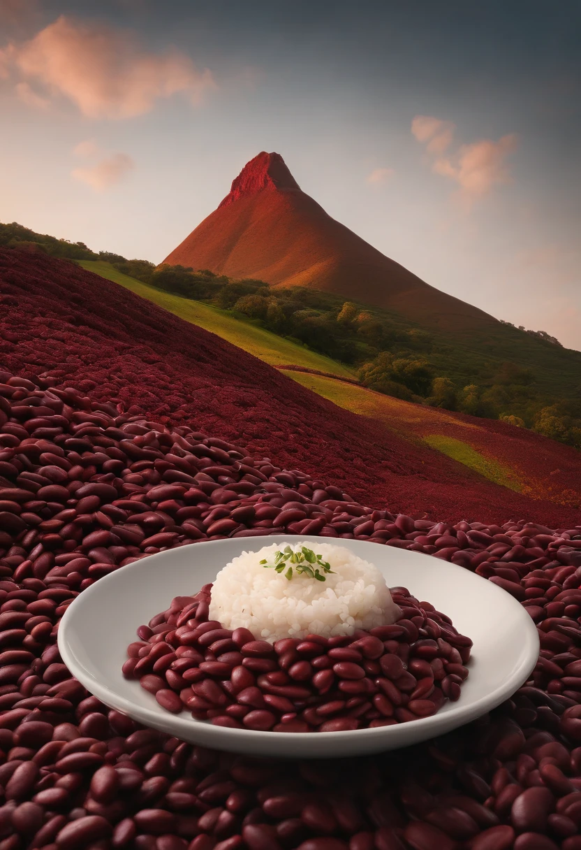 Red beans,rice,farinha,Stacked in the shape of a mountain(Best quality,8K,A high resolution,Masterpiece:1.2)