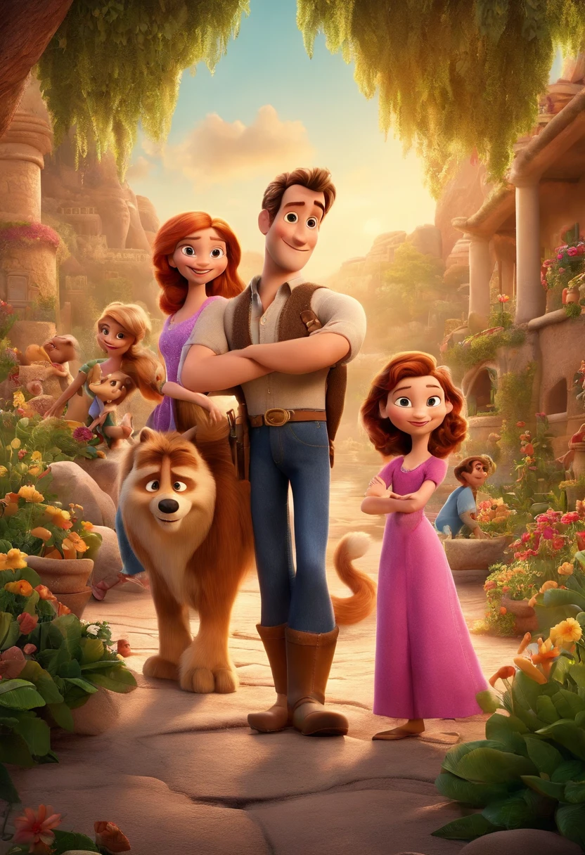 a movie poster by Disney Pixar spotting a white-skin family. The father is the tallest, has a short beard, blond, short and spikey hair. The mom has brown eyes and hair, at shoulder-lenght and is slightly overweight. The little girl is 4-years old and has brown hair, pink outfit and pony tails. The background is a beach garden. 3d render